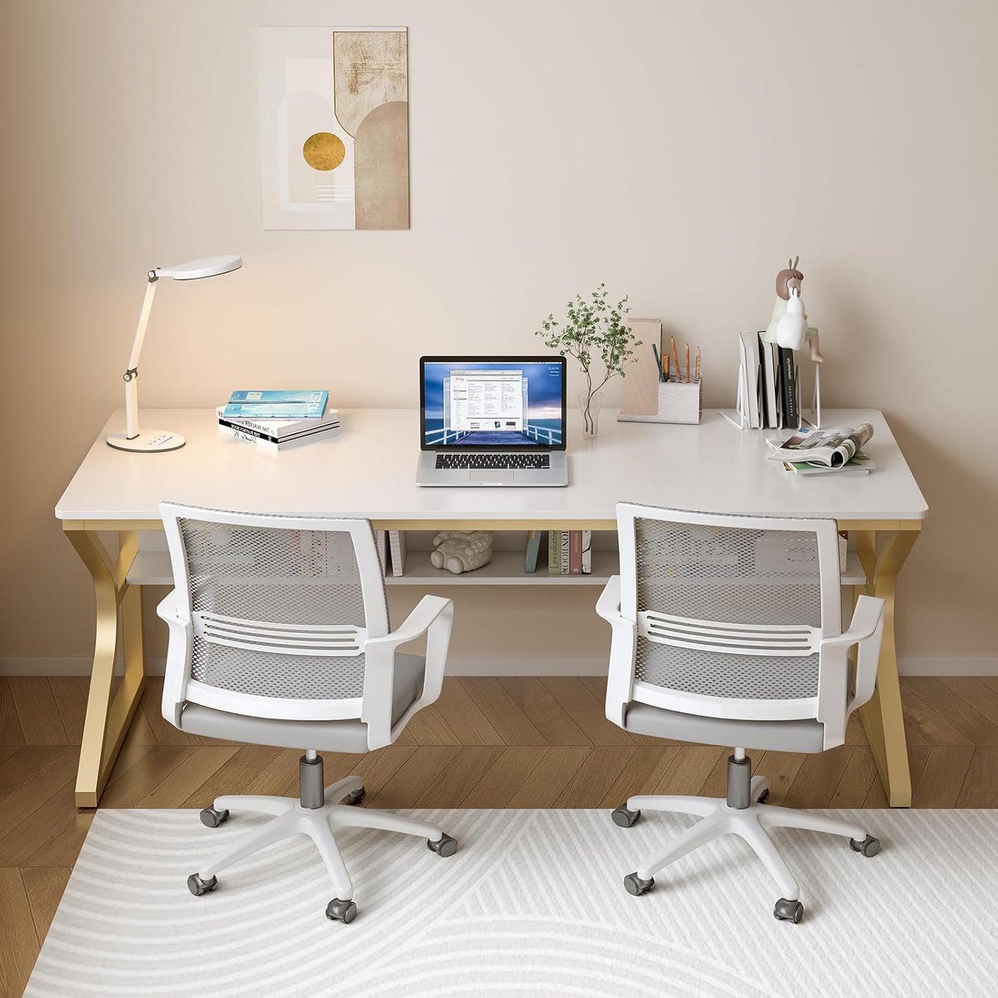 Extra Long Desk with Bookshelf - 63" Double Long Writing Table for 2-Person Workstation, Modern Study Work Computer Desk for Home and Office, Gold