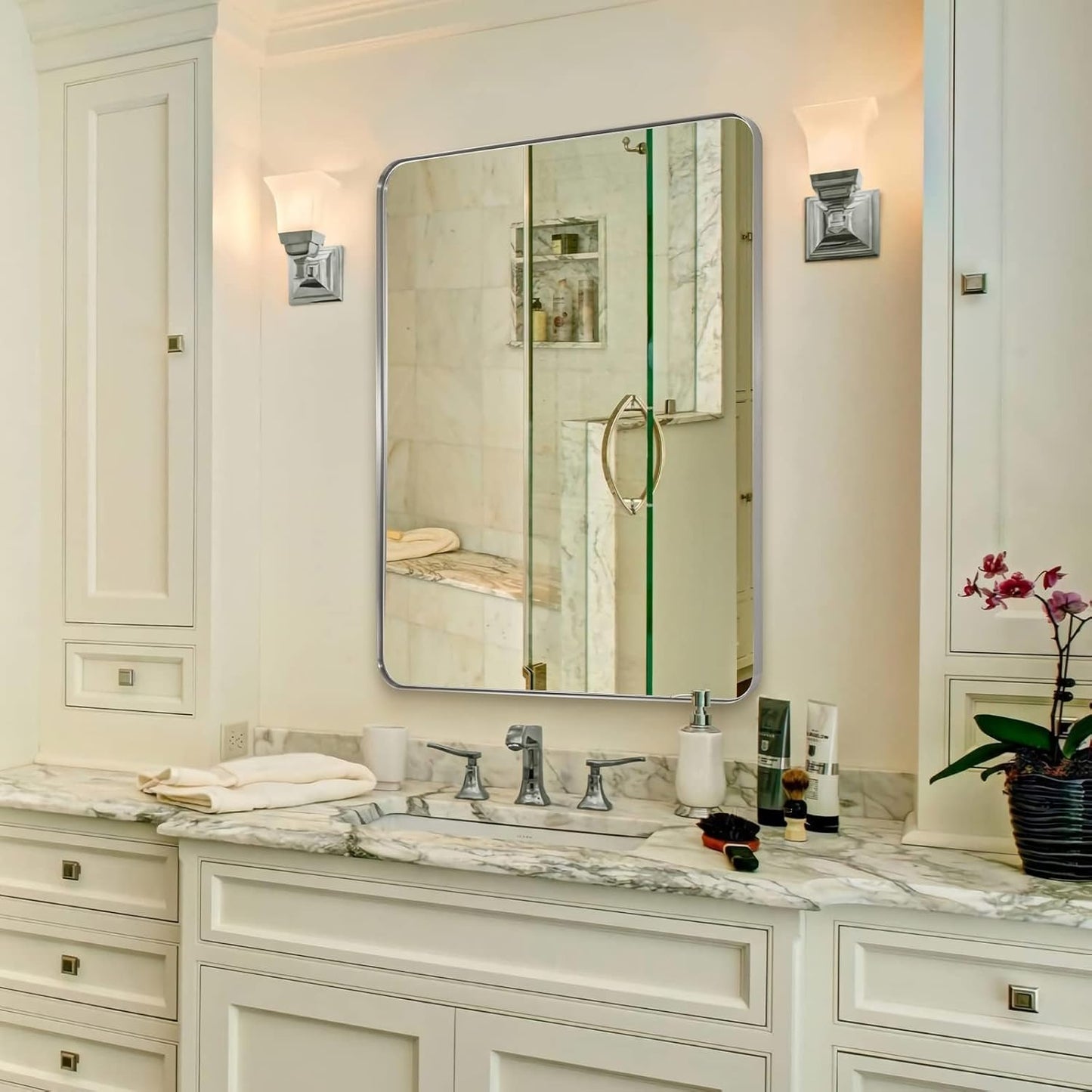 ANDY STAR Wall Mirror Brushed Nickel for Bathroom, 30x36 Rounded Rectangle Mirror with Stainless Steel Silver Metal Frame, Modern Bathroom Vanity Mirror