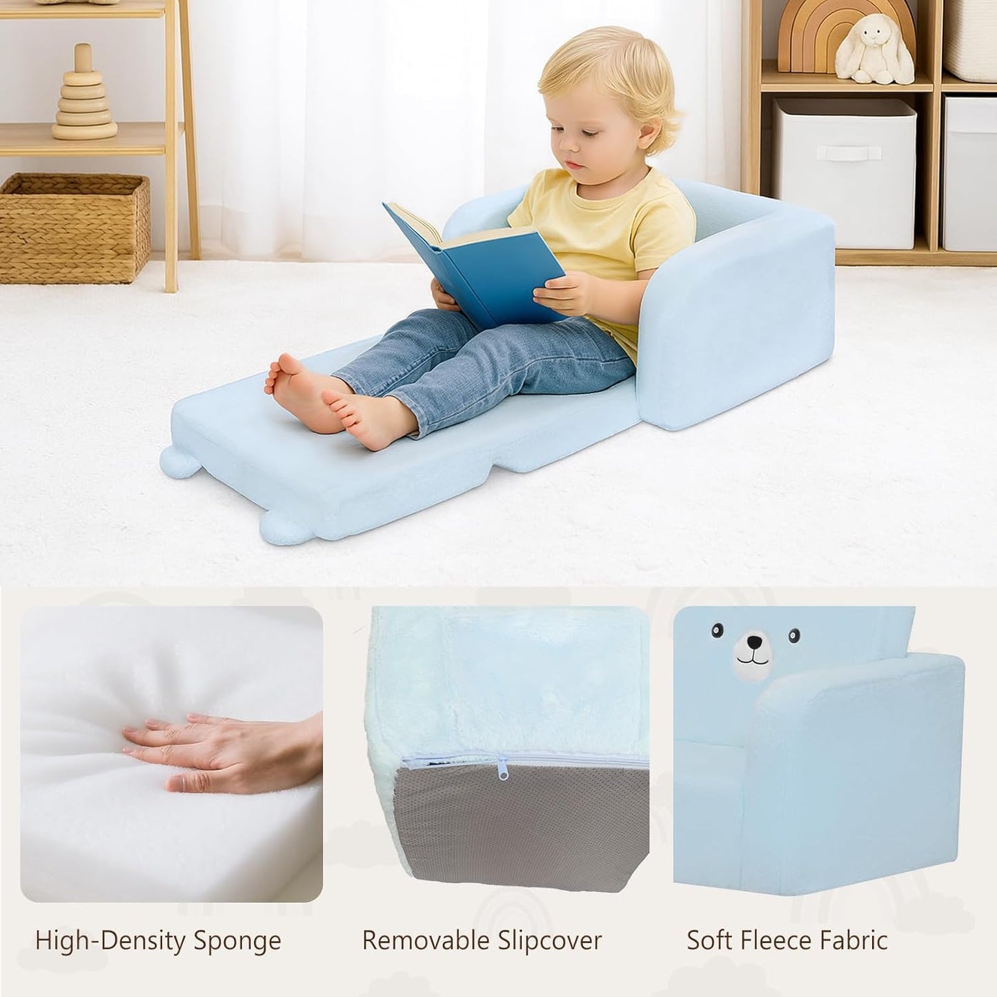 MONKISS Toddler Couch, 2-in-1 Kids Sofa Fold Out, Convertible Sofa to Lounger for Girls and Boys, Toddler Chairs Comfy 1-3 Years Old, SF04, Blue Bear