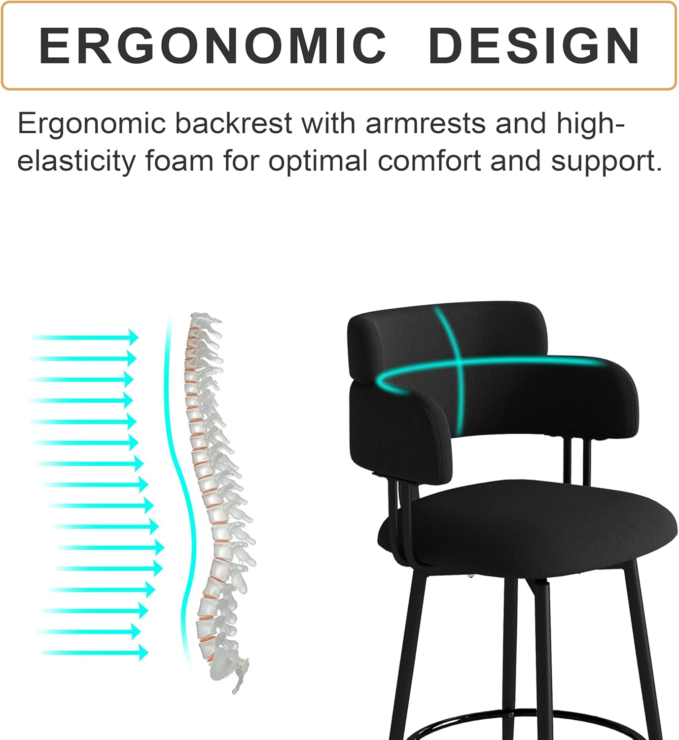 Swivel Bar Stools Set of 2, Counter Height Bar Stools with Ergonomic Full Back, Upholstered Linen Fabric Barstools with Chrome Metal Footrest for Kitchen Island, Dining Room