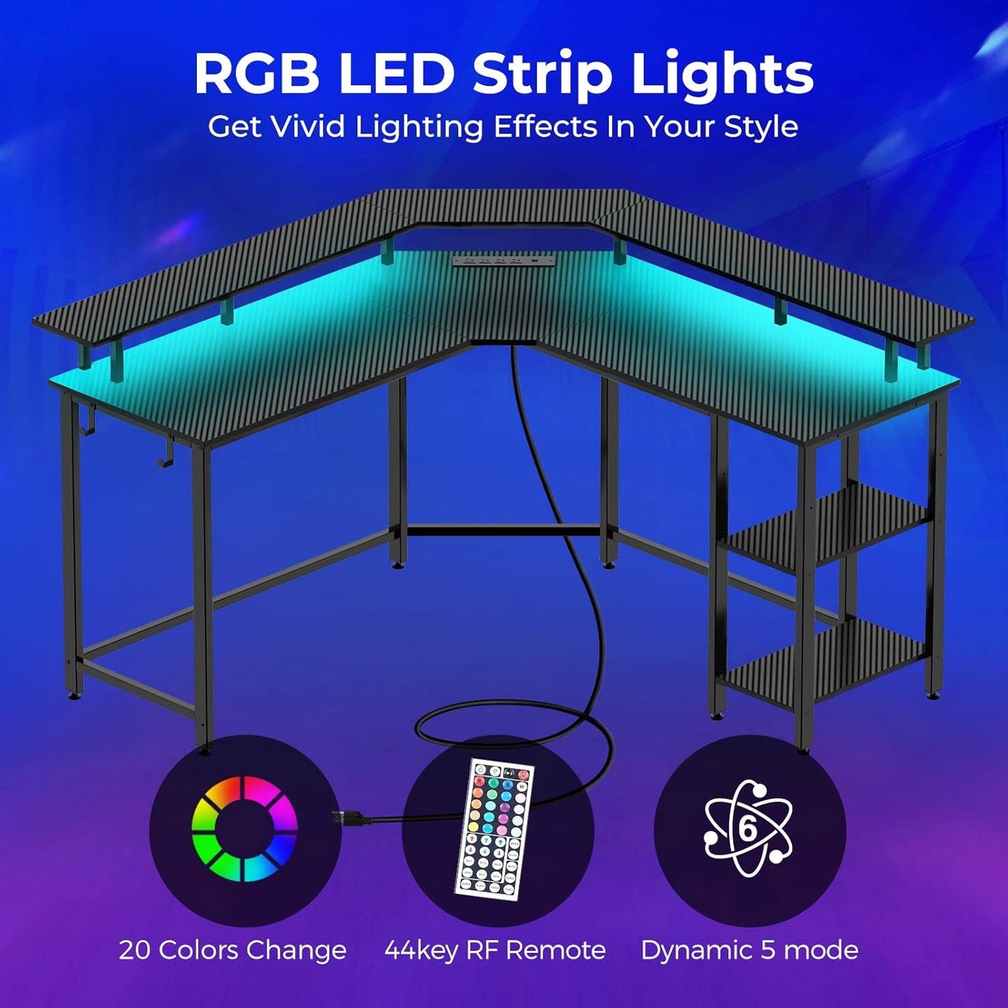 Rolanstar L Shaped Gaming Desk with LED Lights & Power Outlets, 53" Computer Desk with Full Monitor Stand & Storage Shelf, Corner Desk with Hooks, Carbon Fiber Desk Reversible