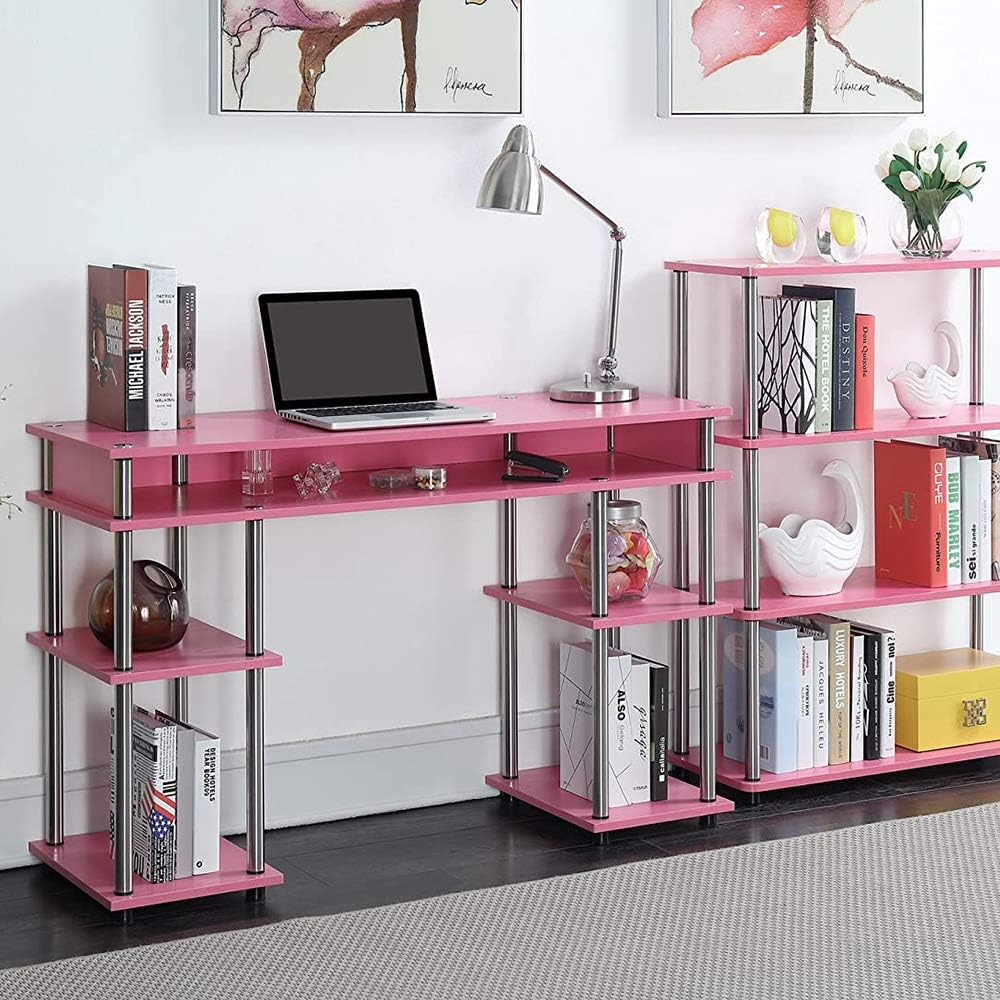 Convenience Concepts Designs2Go No Tools Student Desk 47.25" - Contemporary Office, Dorm Room Desk and Vanity with Storage Shelves, Pink