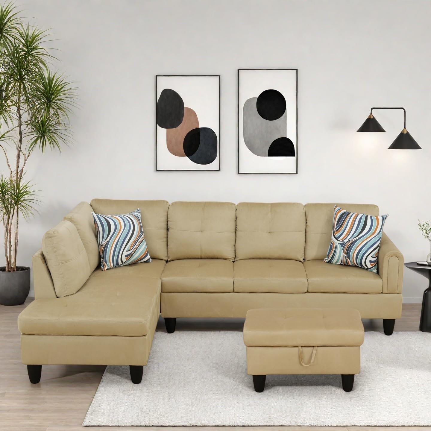 Modern Living Room Furniture Sets with Pillows, Modular Sectional Couches with Chaise Lounge, 4-Seaters L Shape Sofa with Storage Ottoman, for Living Room, Black