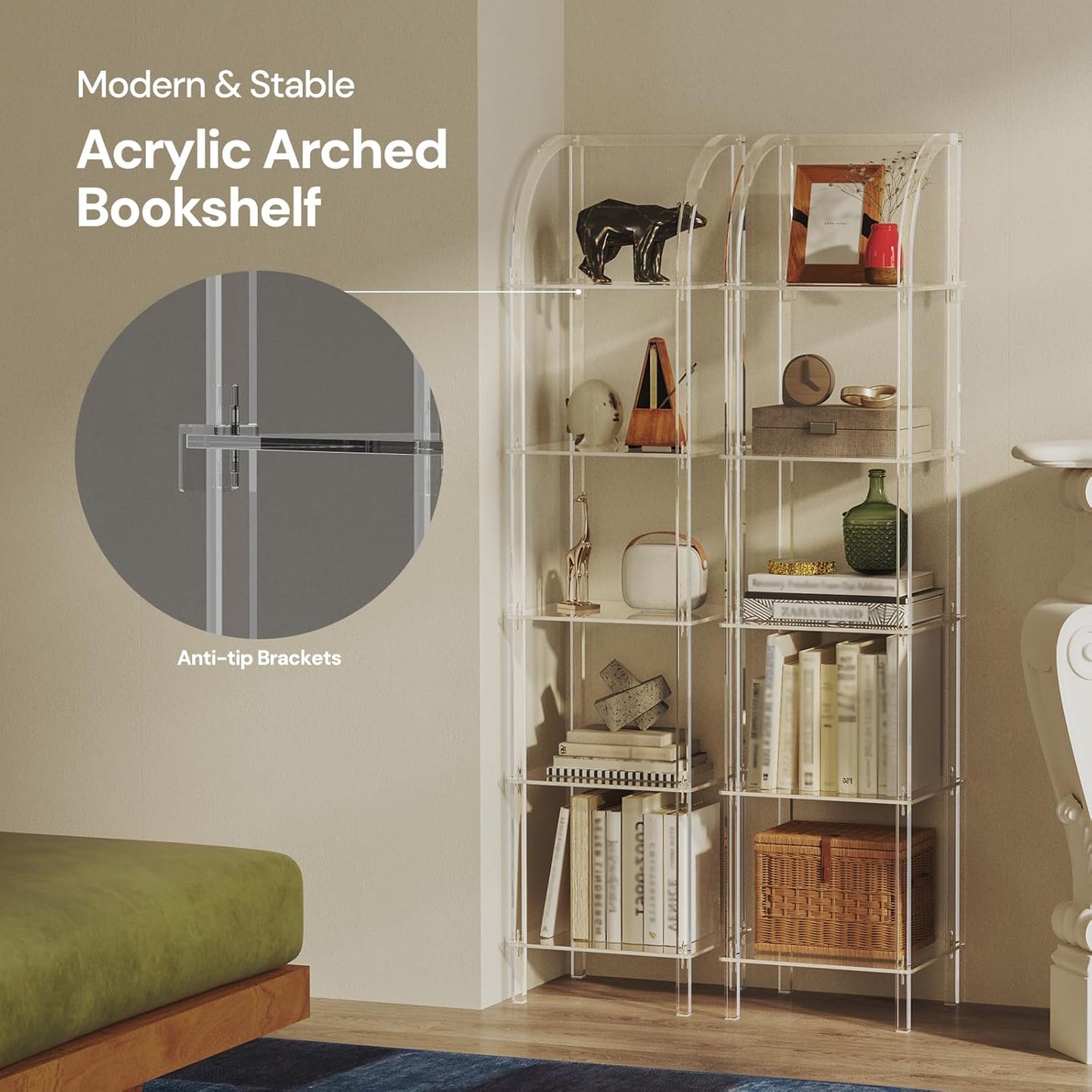 5-Tier Acrylic Arched Bookcase, Square Legs, 13.8''W x 11.8''D x 59.6''H, Clear Narrow Bookshelf for Small Space, Unique Book Shelves for Home Office, Living Room, Bedroom, Modern