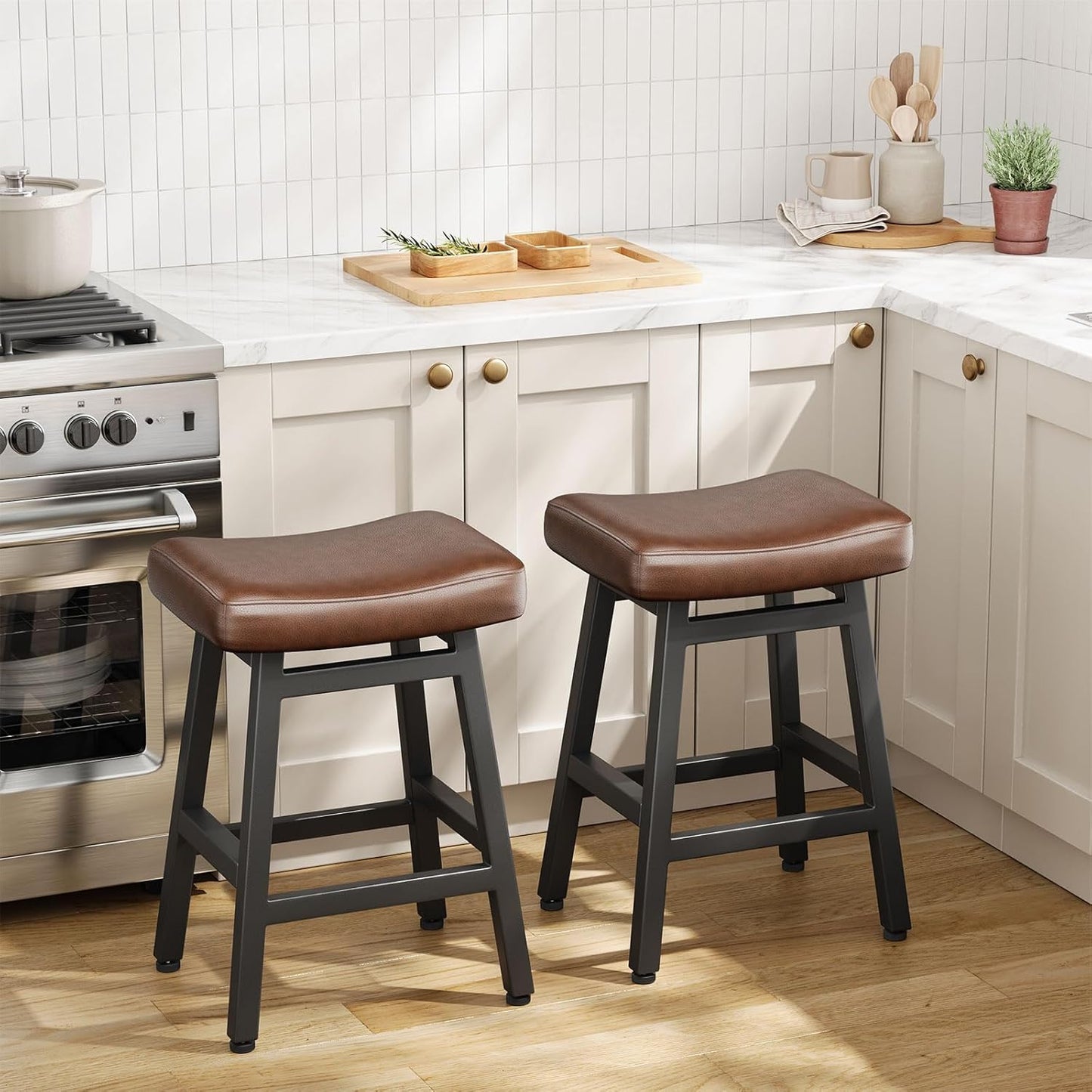 Counter Height Bar Stools Set of 3, 24 Inch Barstools for Kitchen Counter, Kitchen Stools with Bonded Leather Saddle Seats & Heavy Duty Metal Legs, Easy Assembly, Brown/Black