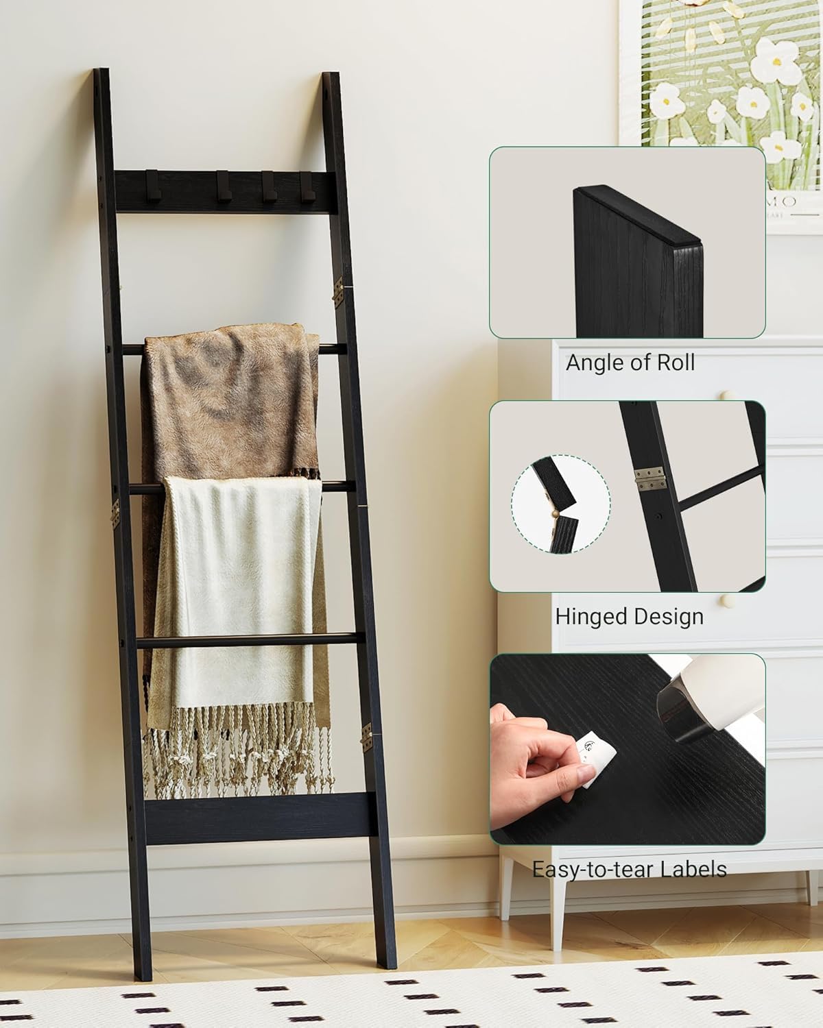 Blanket Ladder for Living Room, Decorative Quilt Rack with 4 Removable Hooks, 5-Tier Farmhouse Ladder Holder Shelf Organizer for Bedroom, Black BR02104B
