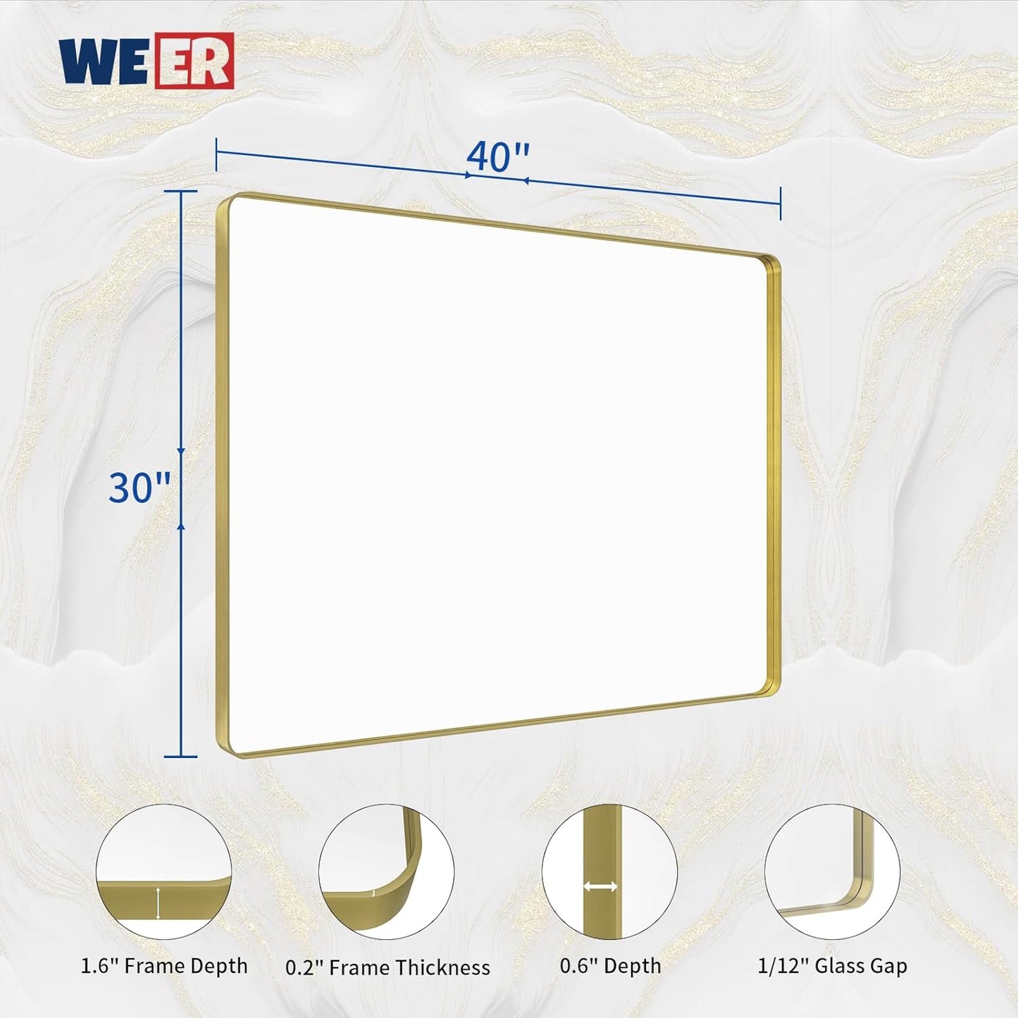 WEER Gold Bathroom Mirror, 40X30 Inch Brushed Gold Metal Frame Mirror, Rounded Rectangle Gold Bathroom Vanity Mirror for Wall, Tempered Glass, Anti-Rust, Hangs Horizontally or Vertically