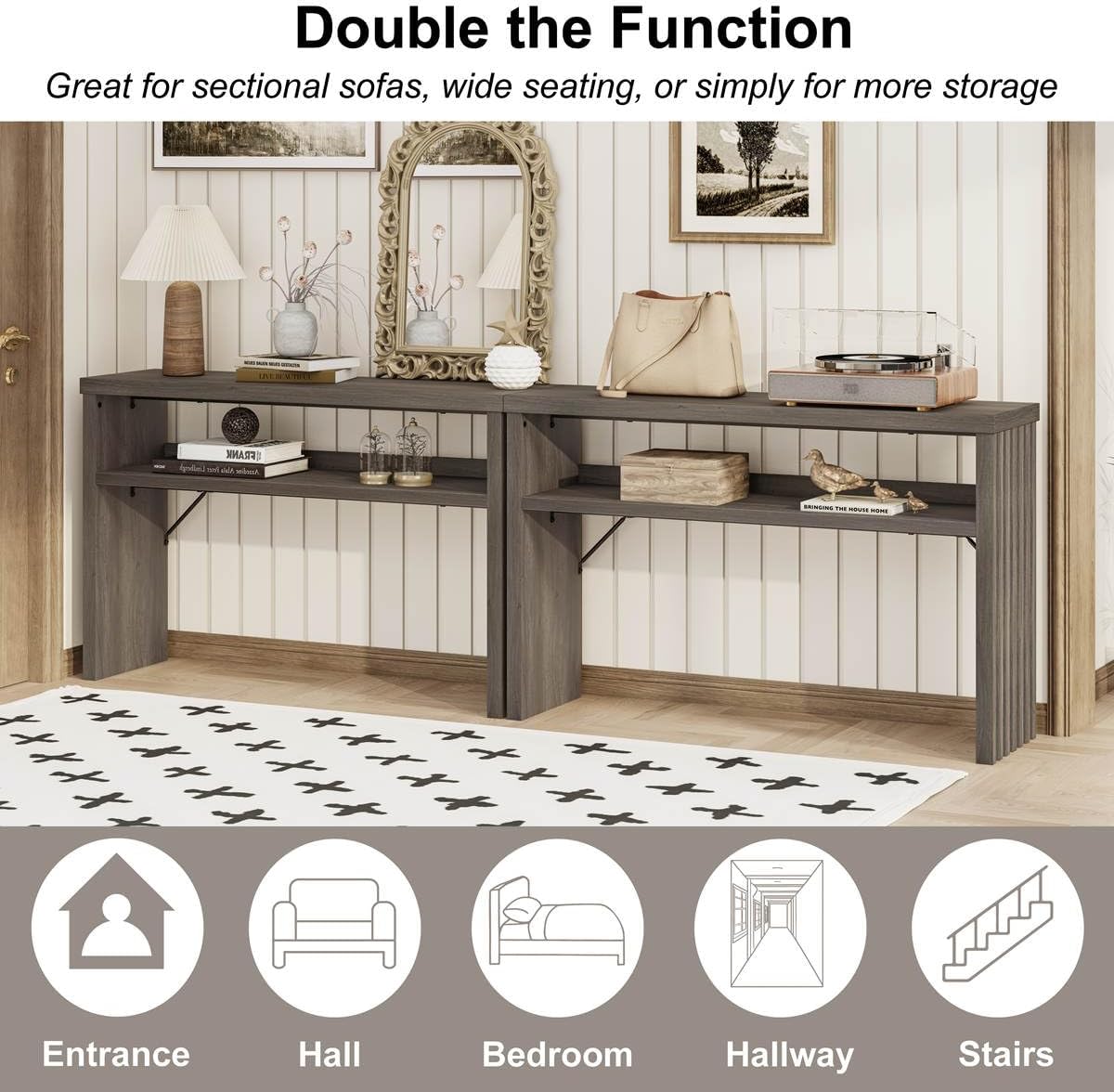 BON AUGURE Sofa Console Table, Wood Entryway Table, Grey Behind Couch Tables with Open Storage, Modern Narrow Hallway Tables (Greige Oak, 47 Inches)