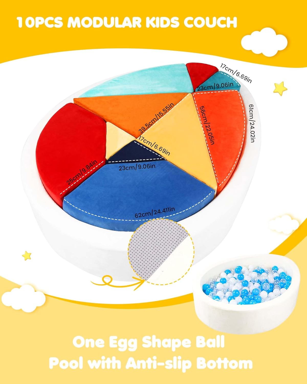 Kids Play Couch, 2-in-1 Egg-Shape Kid Plays Sofa with Unique Ball Pit(no Balls Included), Tangram Puzzle Play Couch for Playroom, Modular Play Couchs for Inspiring Creativity, Samba