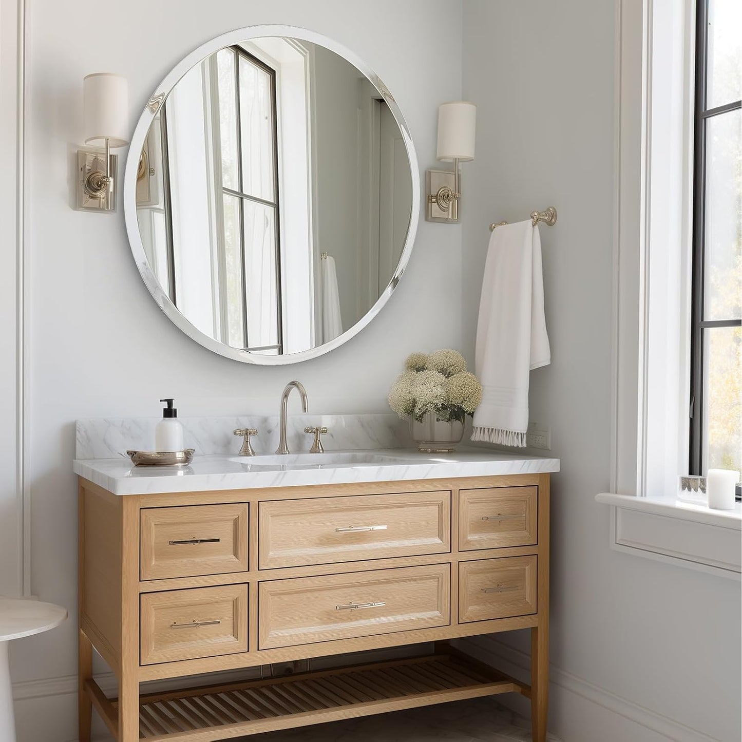 KOHROS Round Bathroom Mirror 32" x 32" Large Circle Mirror for Bathroom, Frameless Beveled Edge Mirror for Wall, Anti-Rust, Tempered Glass, Hallway & Home Decor (Silver)