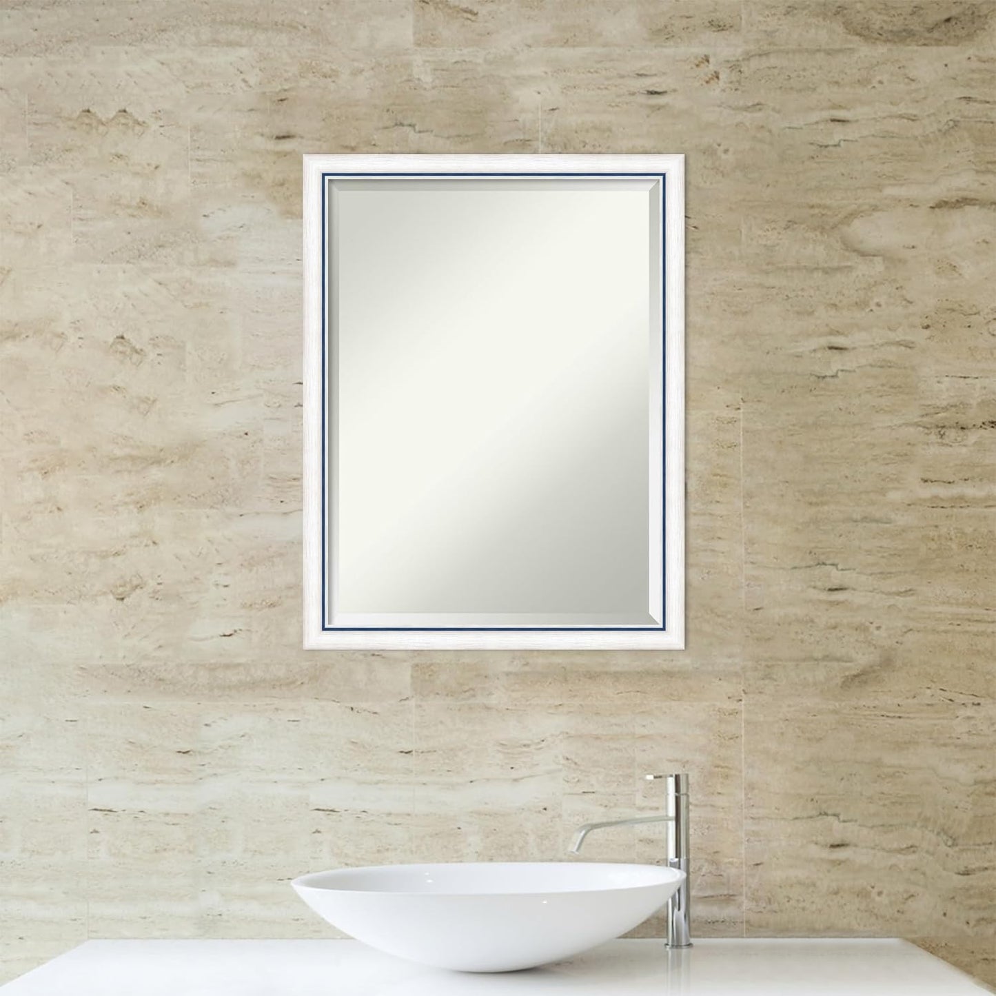 Amanti Art White Bathroom Mirror for Over Sink, 26x20 Morgan White Blue Rectangle Vanity Mirror, Medium Modern Contemporary Wood Frame, Hangs Horizonally and Vertically, Bathroom Wall Decor, Beveled