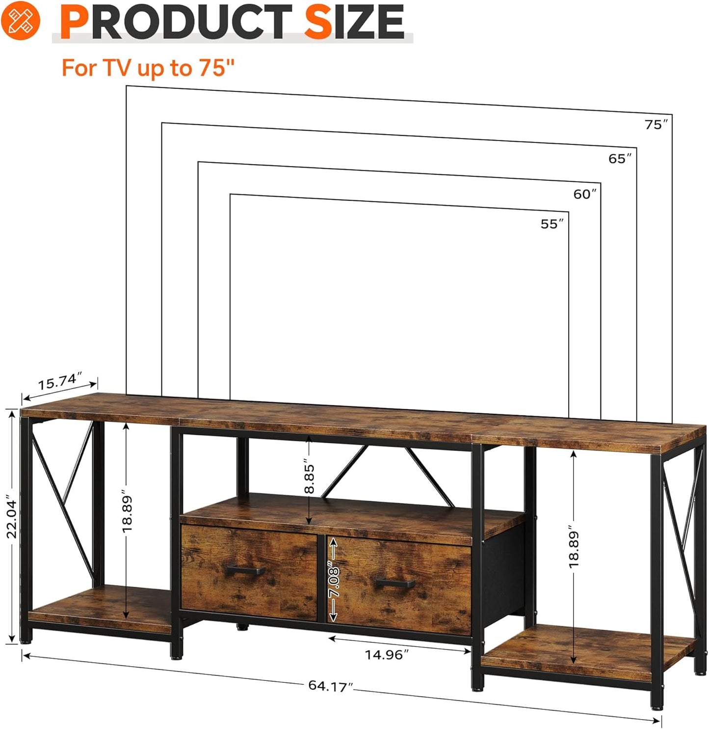 Homeiju TV Stand for TVs up to 75 Inch, Entertainment Center with Fabric Drawers, TV Media Console Table with Open Storage Shelves for Living Room, Bedroom, Rustic Brown