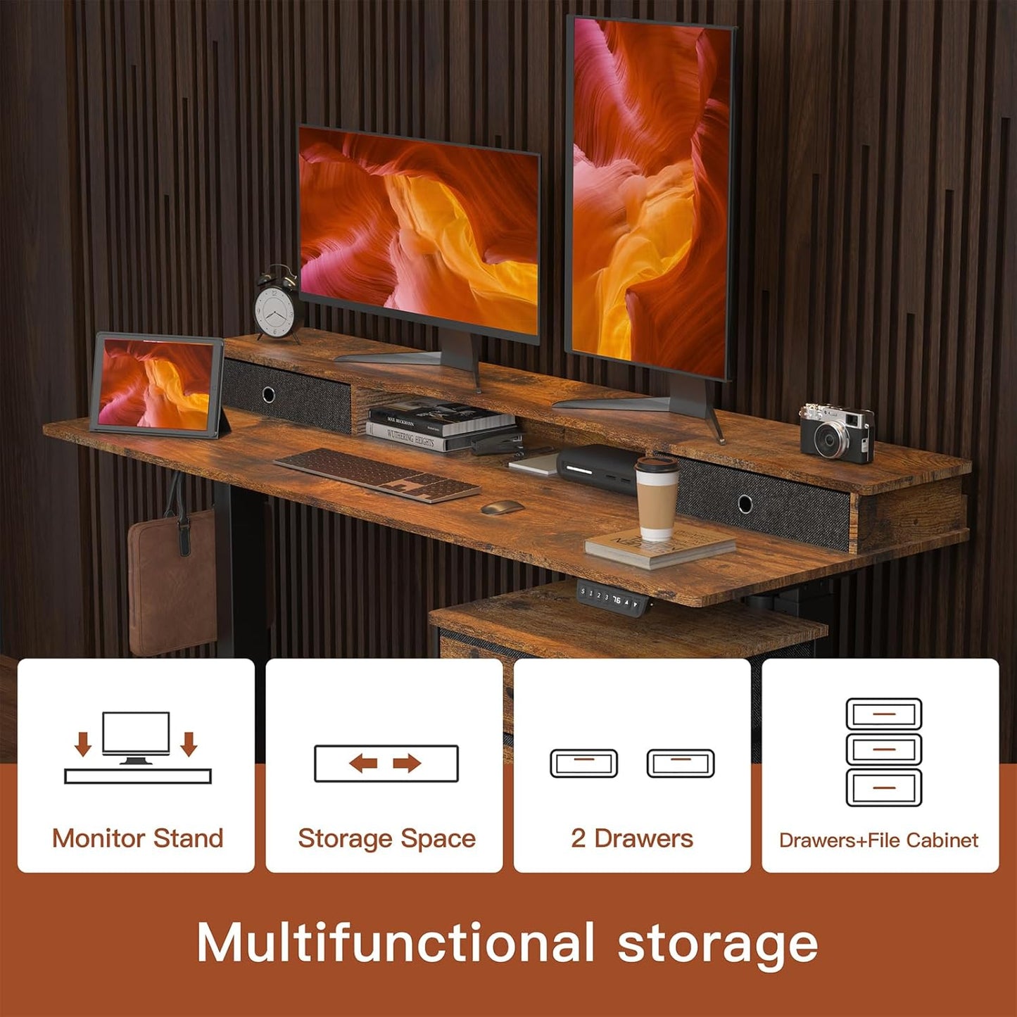 63 Inch Electric Standing Desk with Cabinet & Drawers, Height Adjustable Sit Stand Desk with Monitor Shelf, Smart Home Office Standing Computer Desk, Rustic Brown