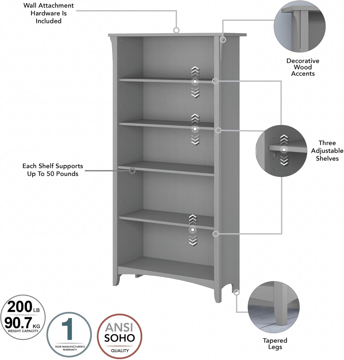Bush Furniture Salinas 5 Shelf Bookcase in Cape Cod Gray, Tall Bookshelf, Large Book Shelf for Living Room, Home Office, or Entryway