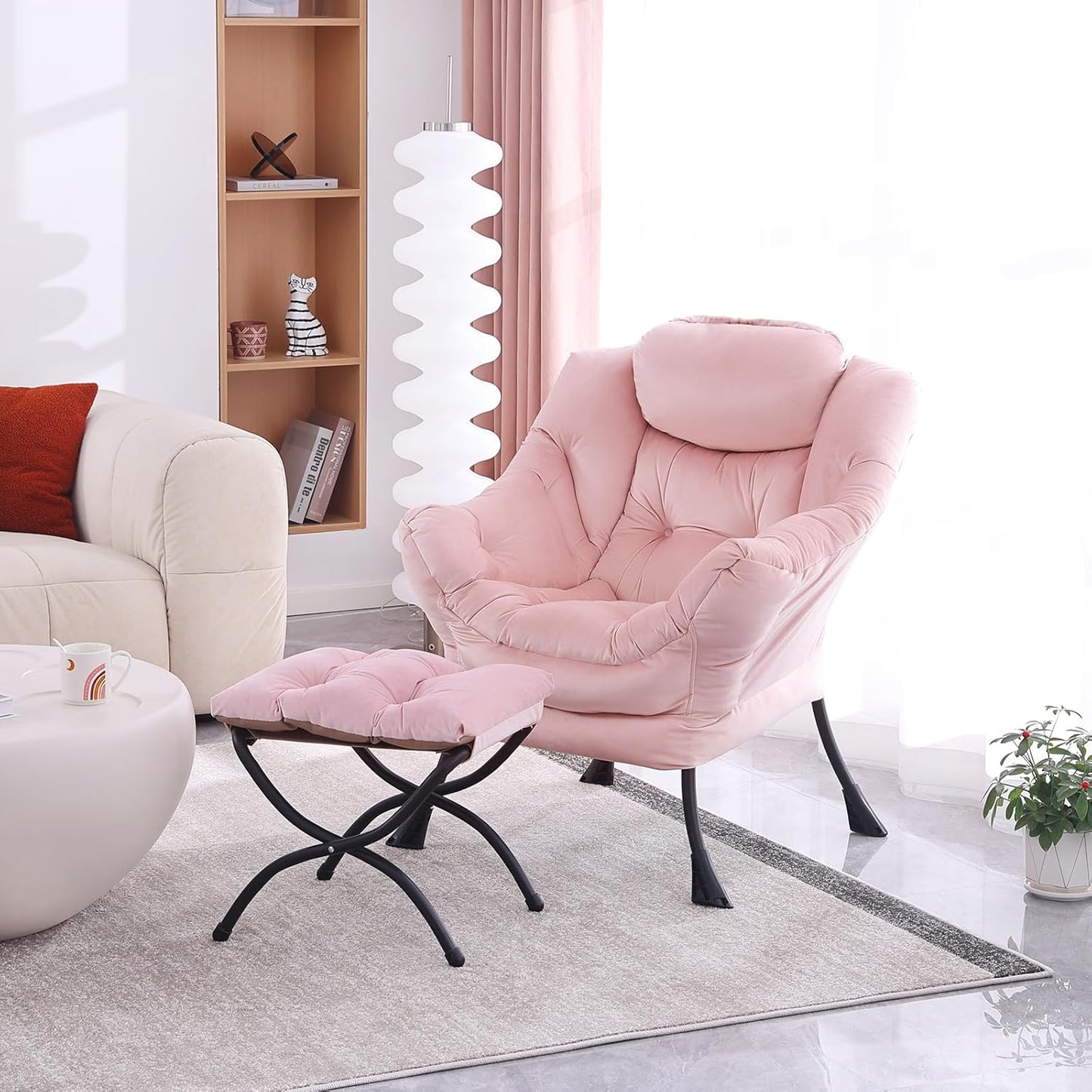 Lazy Chair with Folding Ottoman, Modern Accent Lounge Armchair with Armrests and a Side Pocket & Foldable Footstool, Leisure Reading Chair for Living Room, Bedroom, Dorm & Office, Velvet Pink