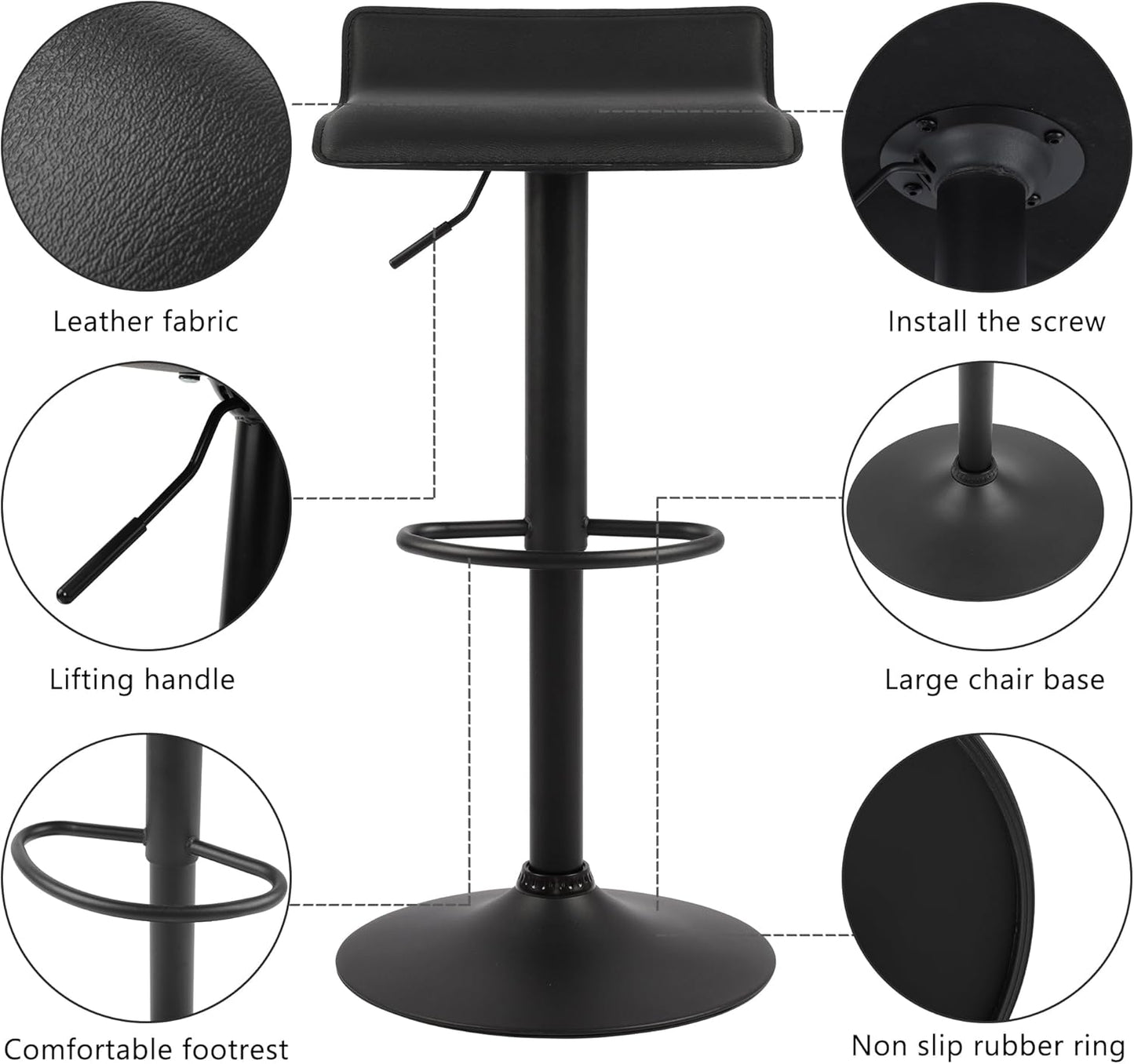 NOBPEINT Contemporary Chrome Air Lift Adjustable Swivel Bar Stool with Black Base, Set of 2, Black