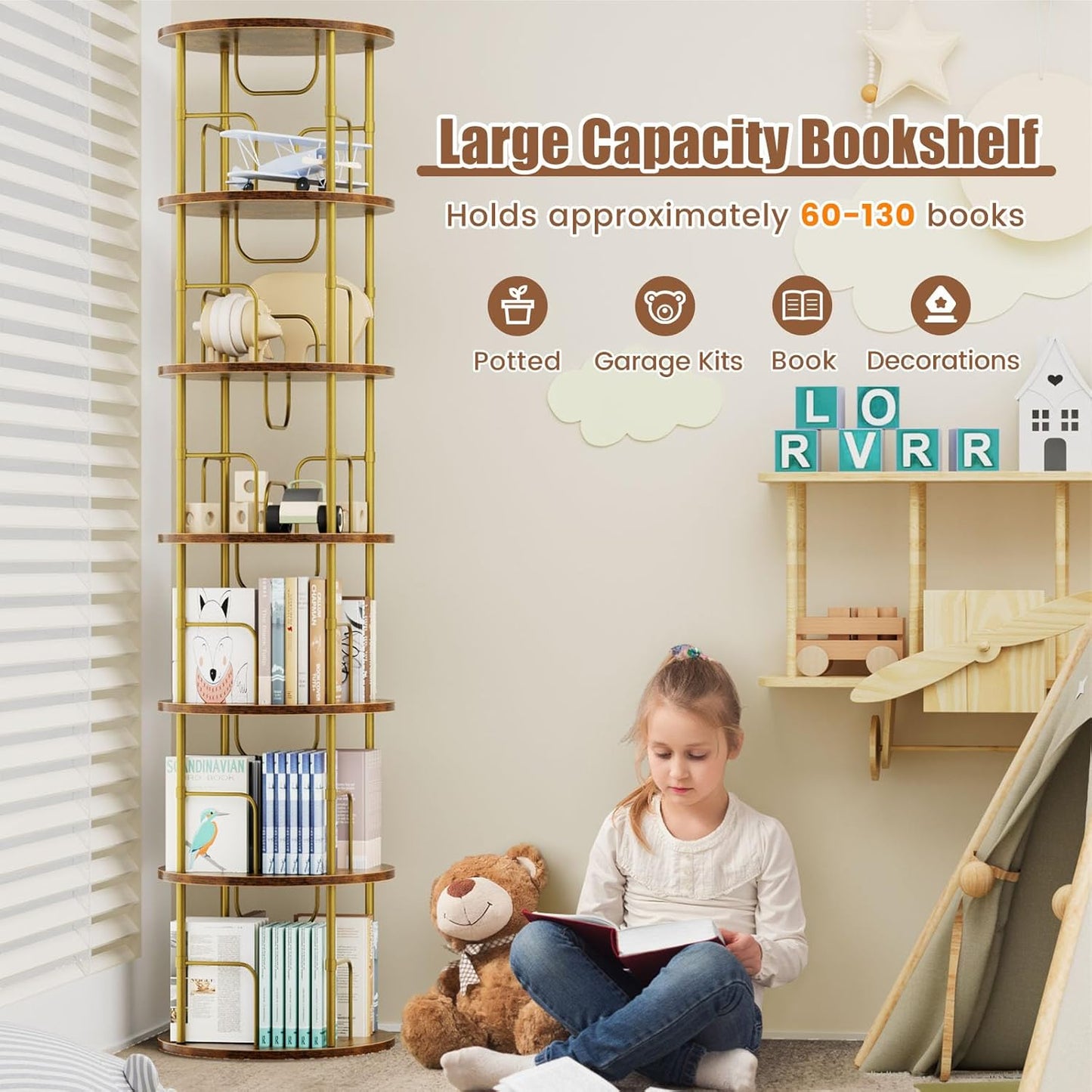 6 Tier Rotating Bookshelf, 360 ° Display Stackable Spinning Bookshelf Tower, Corner Bookshelf Tall Floor Standing Swivel Bookcase Narrow Storage Organizer for Bedroom, Living Room, Gold