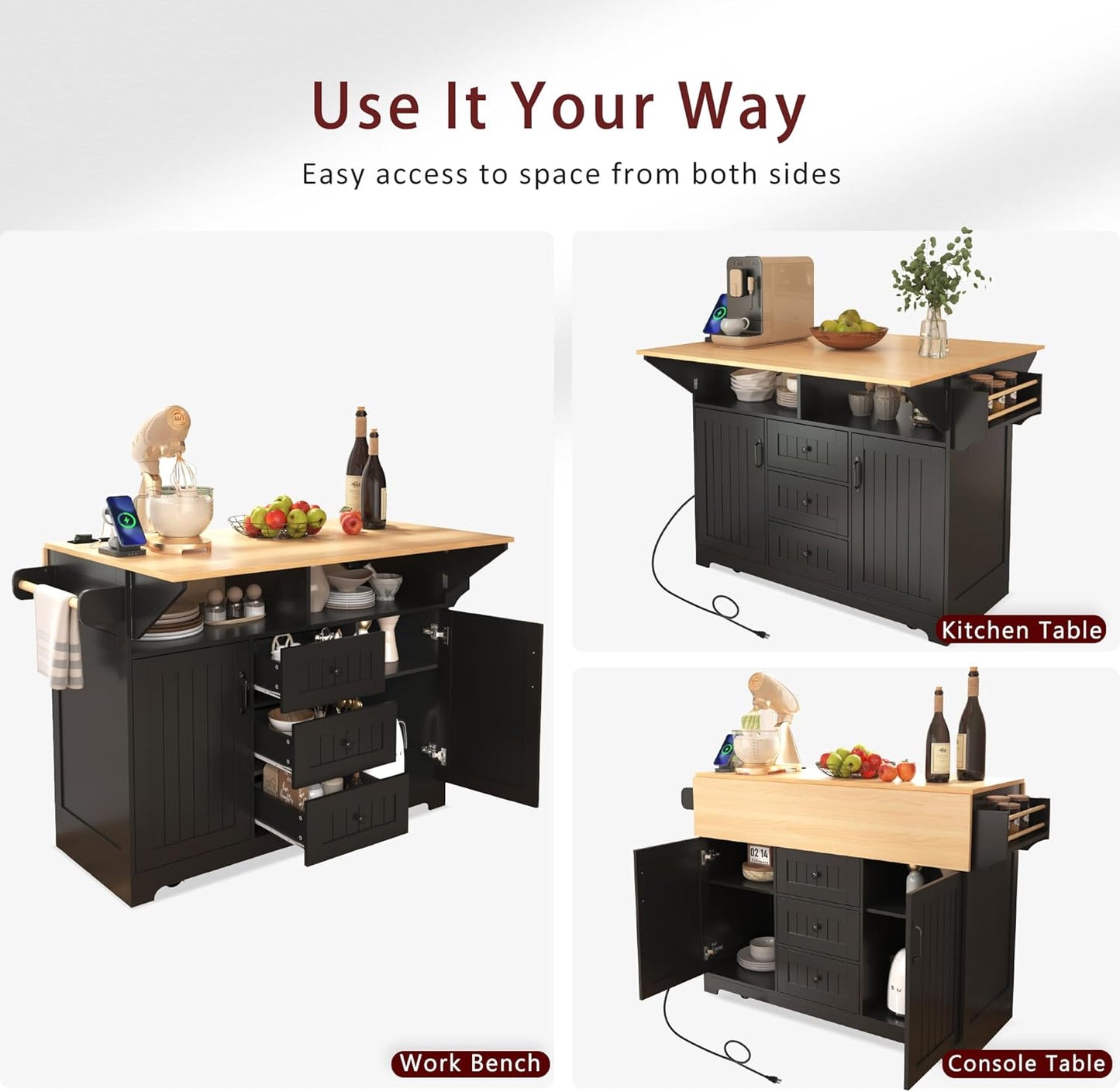 56" Large Kitchen Island with 2 Drop Leafs,Rolling Kitchen Cart on 5 Wheels W/Power Outlet & 3 Drawers,Folding Storage Dining Table W/Spice & Towel Racks,for Kitchen,Dining Room,Black