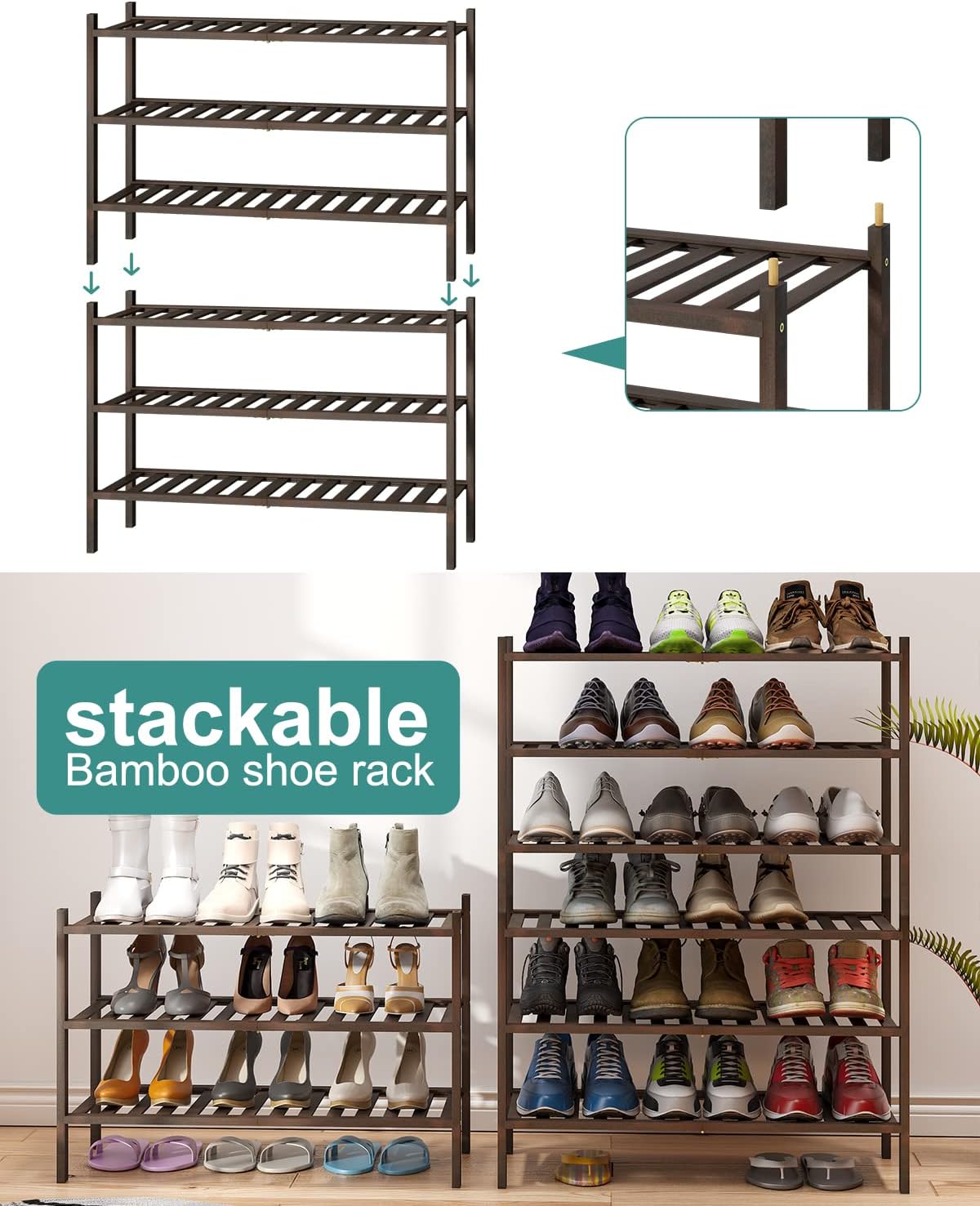 Shoe Rack for Closet, 3-Tier Bamboo Wood Shoe Racks, Stackable | Beautiful | Natural | Functional | Sturdy, Bamboo Shoe Rack for Entryway Hallway Closet