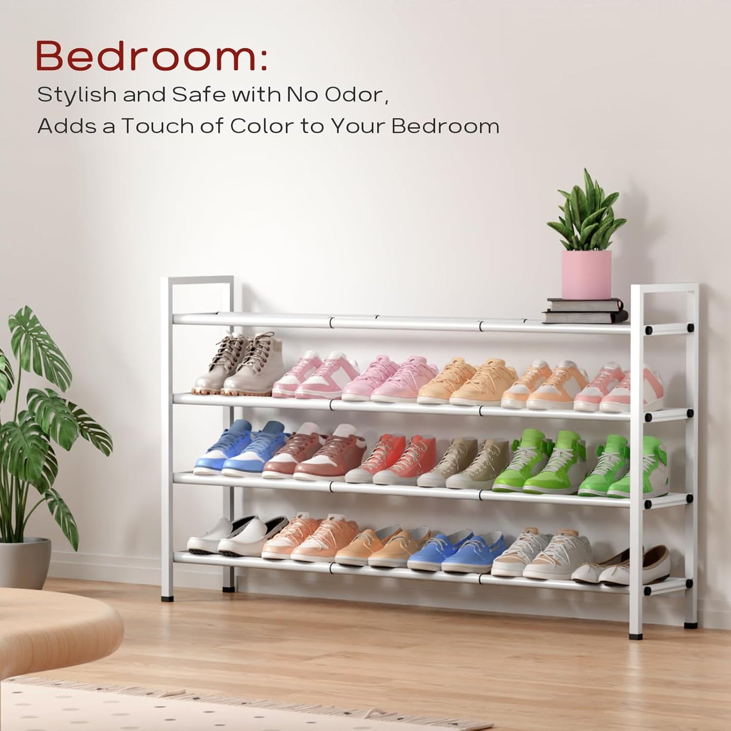 Bumusty 4-Tier Long Expandable Shoe Rack for Closet, 18"-44" Adjustable Shoe Rack for Entryway, 20-24 Pairs Large Shoe Organizer Shelf Storage, Sturdy Metal, White