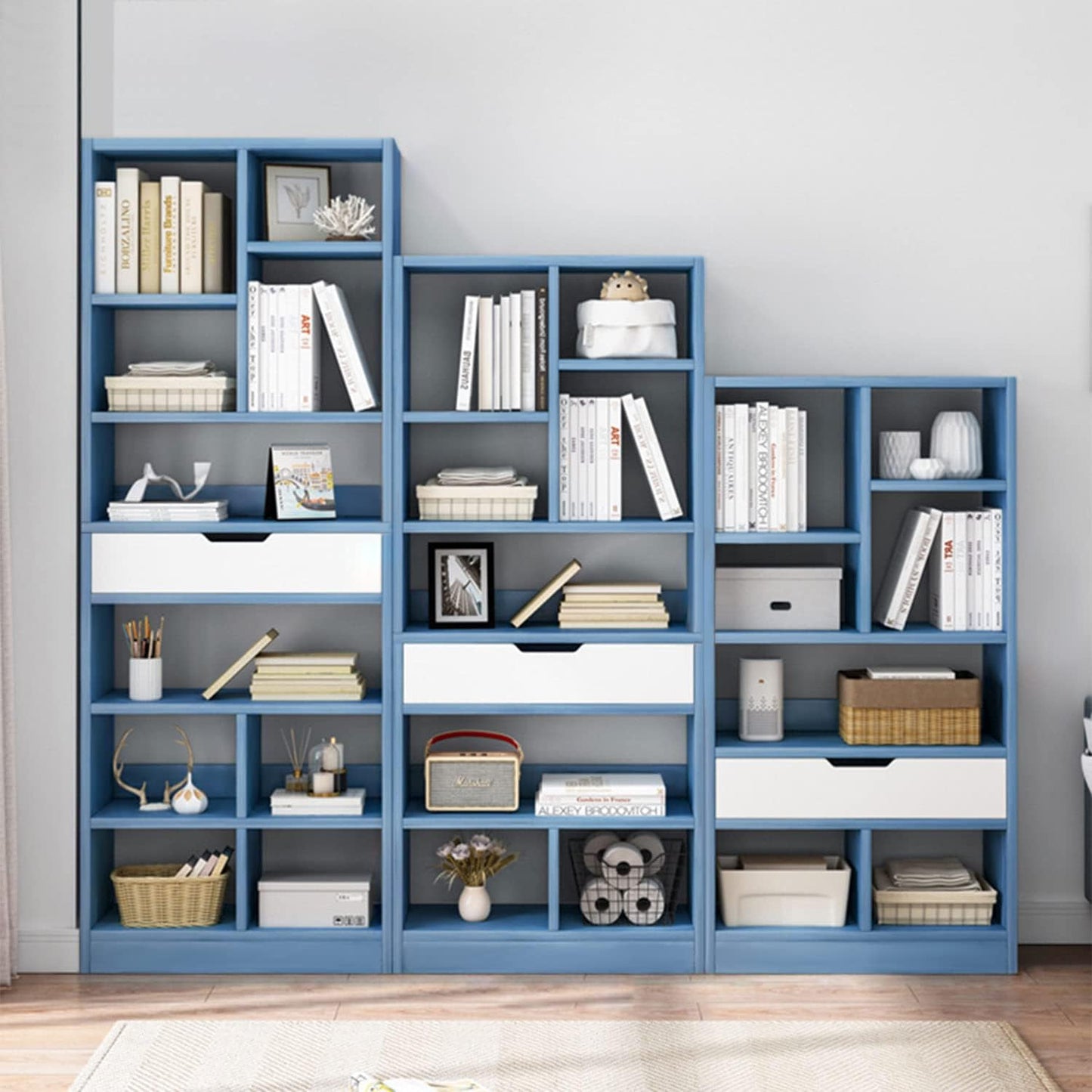 IOTXY Wooden Open Shelf Bookcase - 61" Height Freestanding Display Storage Cabinet Organizer with 8 Cubes and a Drawer, Floor Standing Bookshelf, Blue