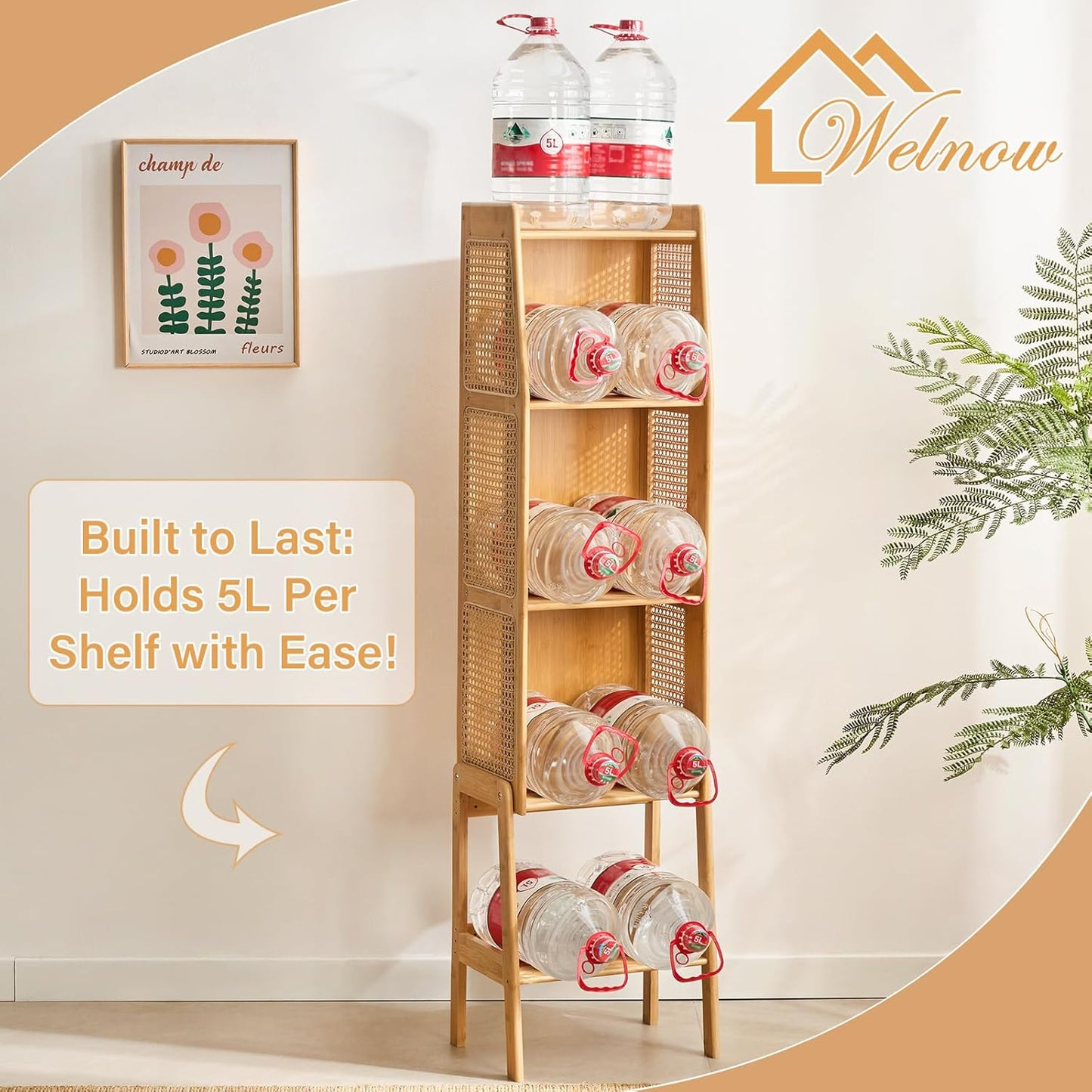 Welnow Bamboo Rattan Bookcase with Cabinet, 1-Tier Storage Shelf with Side Table & End Table Function, Large Modern Wood Organizer for Living Room or Bedroom, Walnut Bookshelf