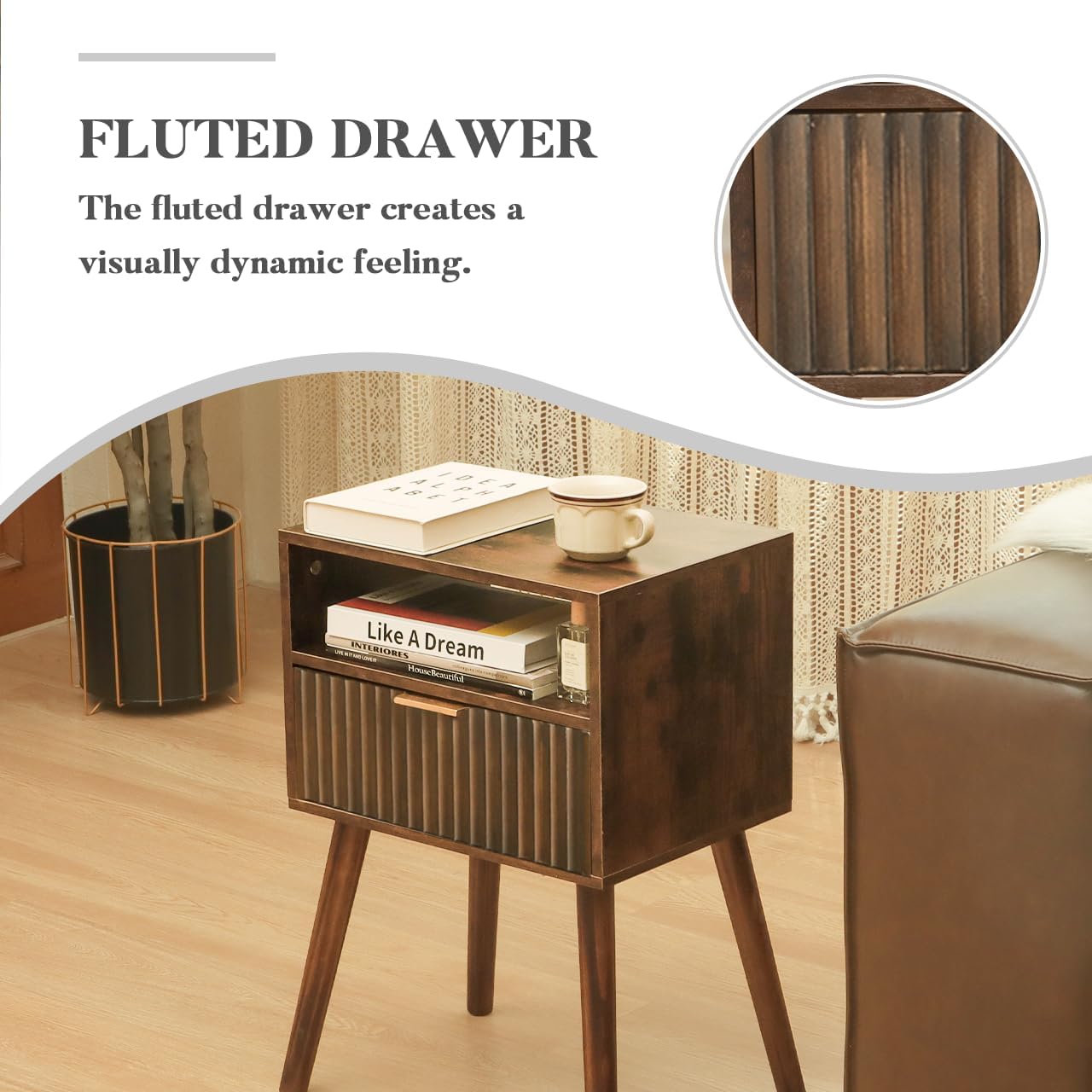 Walnut Nightstand, Wooden Bedside Table with Fluted Drawers and Open Shelf, Night Stand Wood for Bedroom, Dorm and Small Space (Rustic Brown)