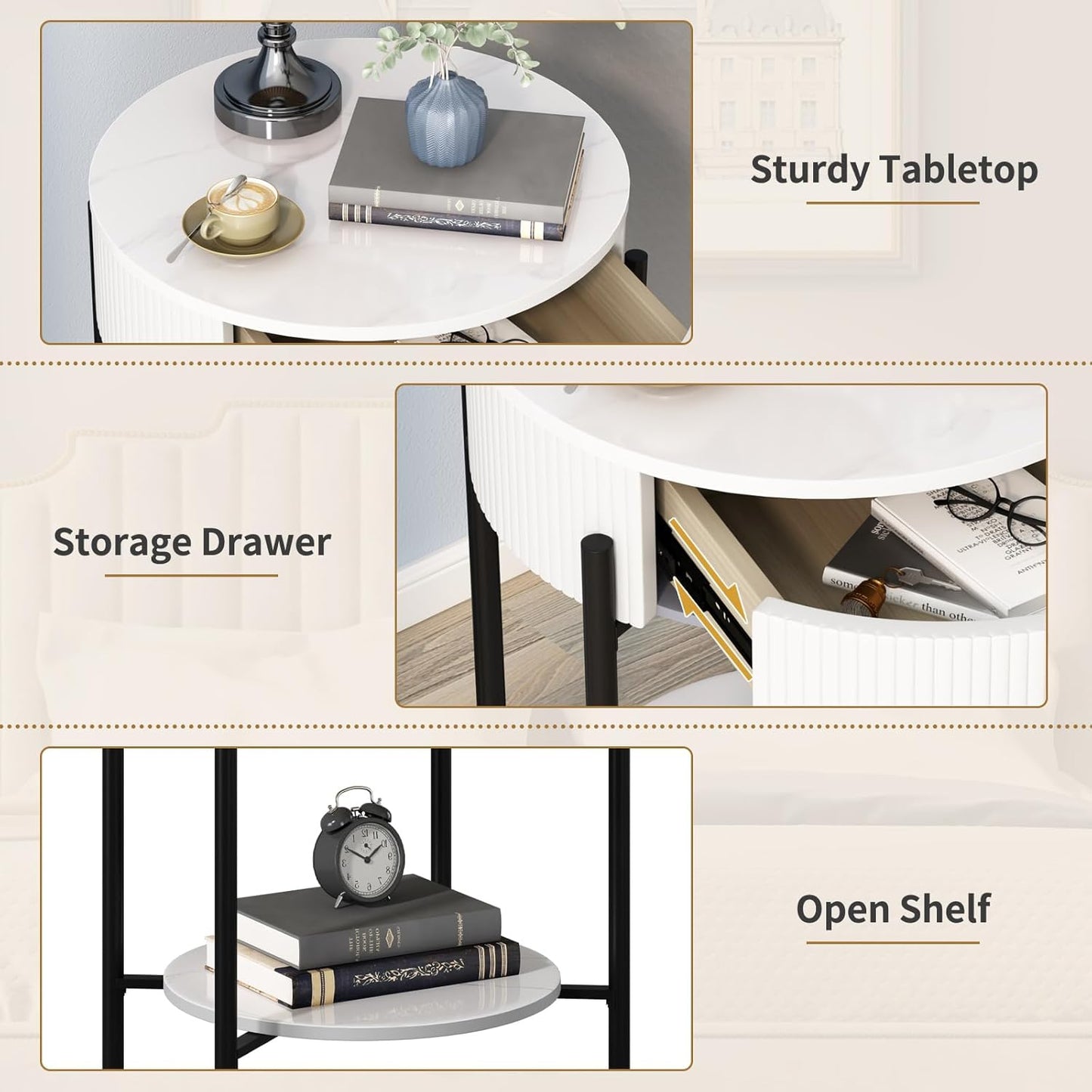 OIOG Round End Table with Drawer, Modern 2 Tier NightStand with Shelf, Small Side Table with Sintered Stone Tabletop for Living Room, Bedroom, Dorm, and Office, Marbling Natural Stone/White