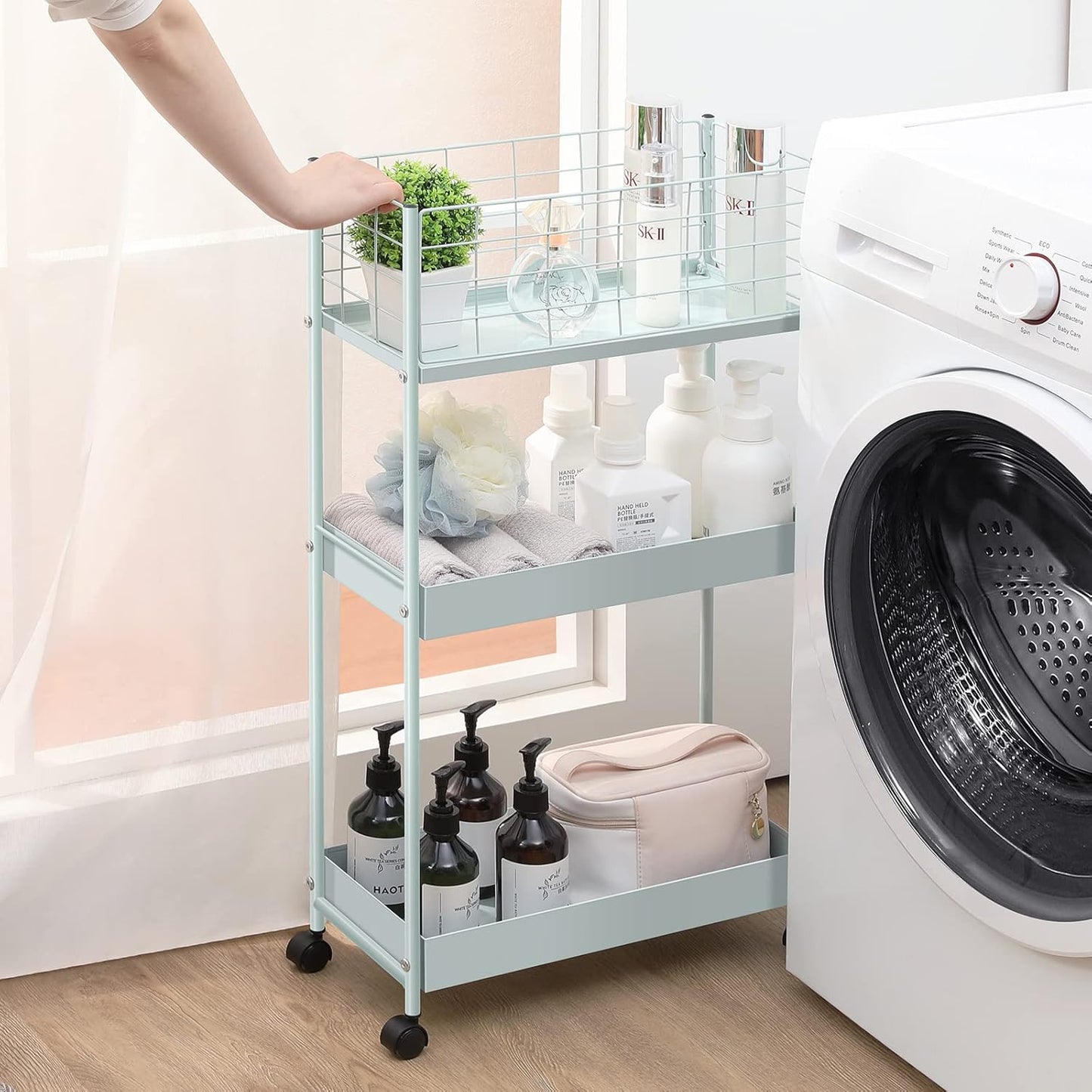 KINGRACK 3-Tier Rolling Utility Cart with Wheels, Metal Slim Storage Cart, Multifunctional Storage Organizer, Rolling Storage Cart for Kitchen, Office, Bathroom, Narrow Place, Mint Green