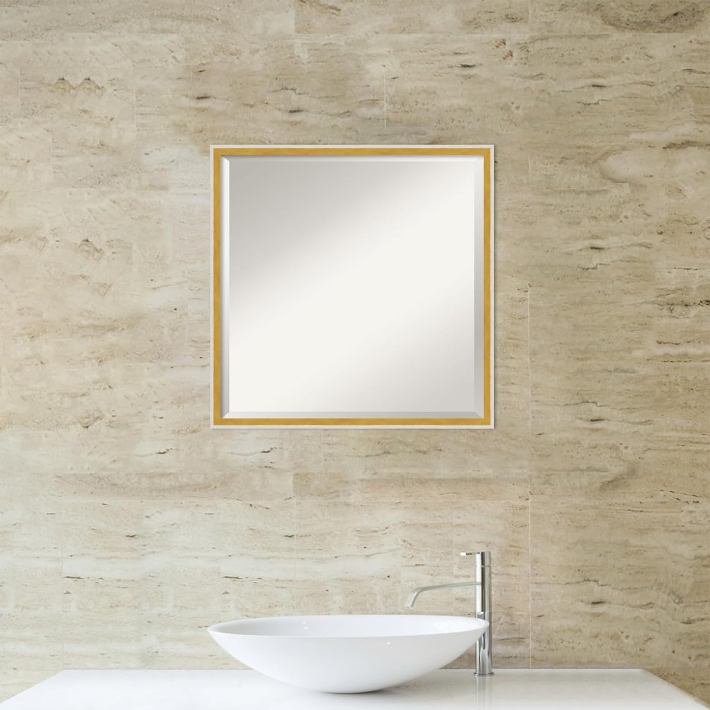 Amanti Art White Bathroom Mirror for Over Sink, 21x21 Paige White Gold Square Vanity Mirror, Medium Modern Contemporary Wood Frame, Hangs Horizonally and Vertically, Bathroom Wall Decor, Beveled Edge
