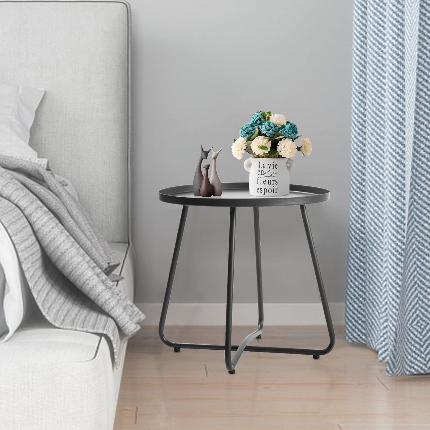 Dia.17.7ins Steel Round Coffee Table, Steel Tray Table, Side Table, Outdoor and Indoor Use, Weather Resisitant, Patio, Balcony, Garden, Backyard (Grey)