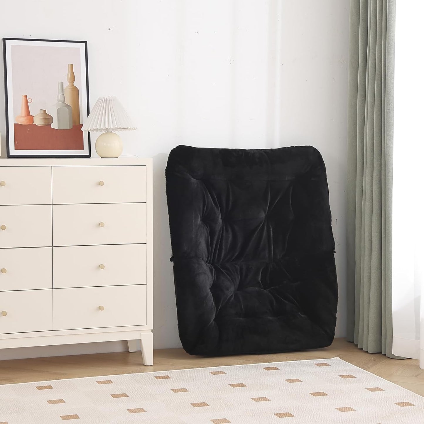 Oversized Folding Faux Fur Chair with Ottoman, X-Large Soft Saucer Chair, Foldable Metal Frame for Bedroom, Living Room, Balcony (Black)