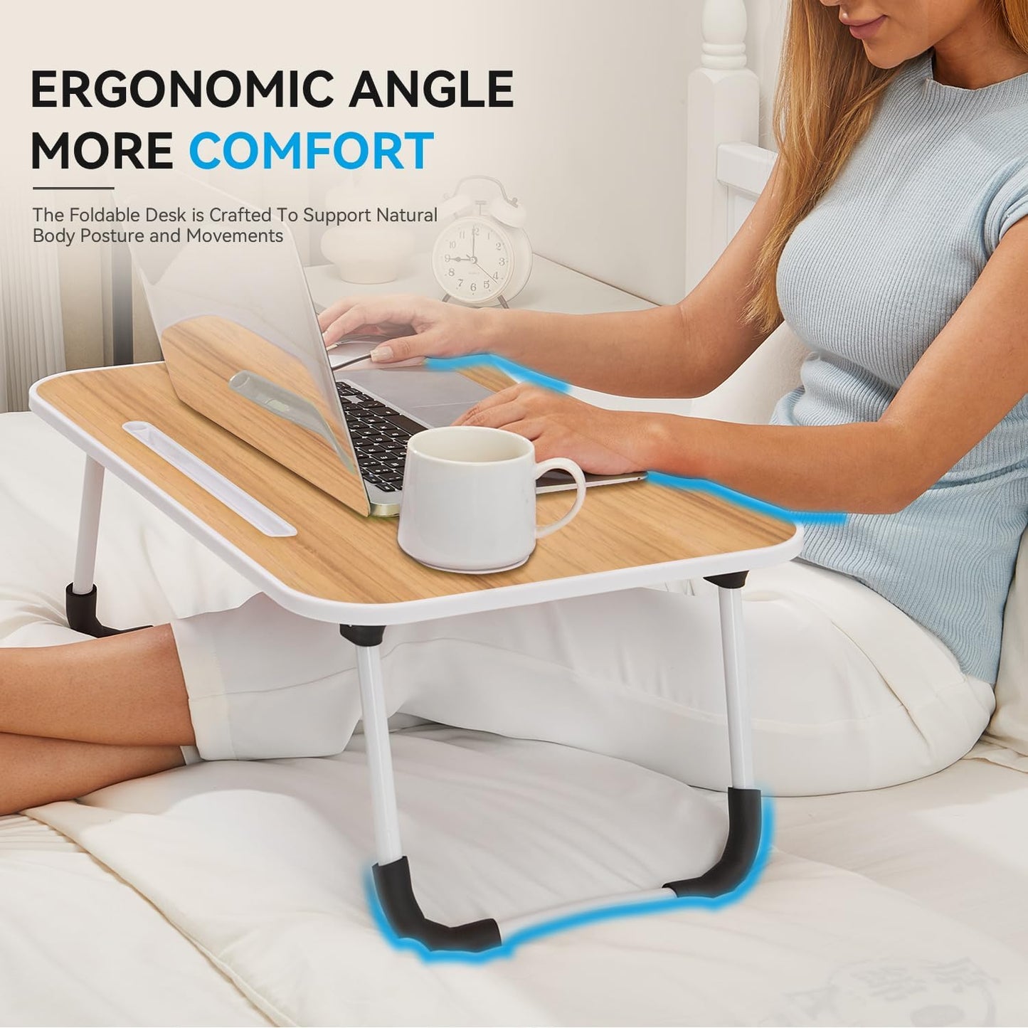 BUYIFY Folding Lap Desk, 23 Inch Portable Wood Yellow Laptop Bed Desk Lap Desk with Cup Holder, for Working Reading Writing, Eating, Watching Movies for Bed Sofa Couch Floor