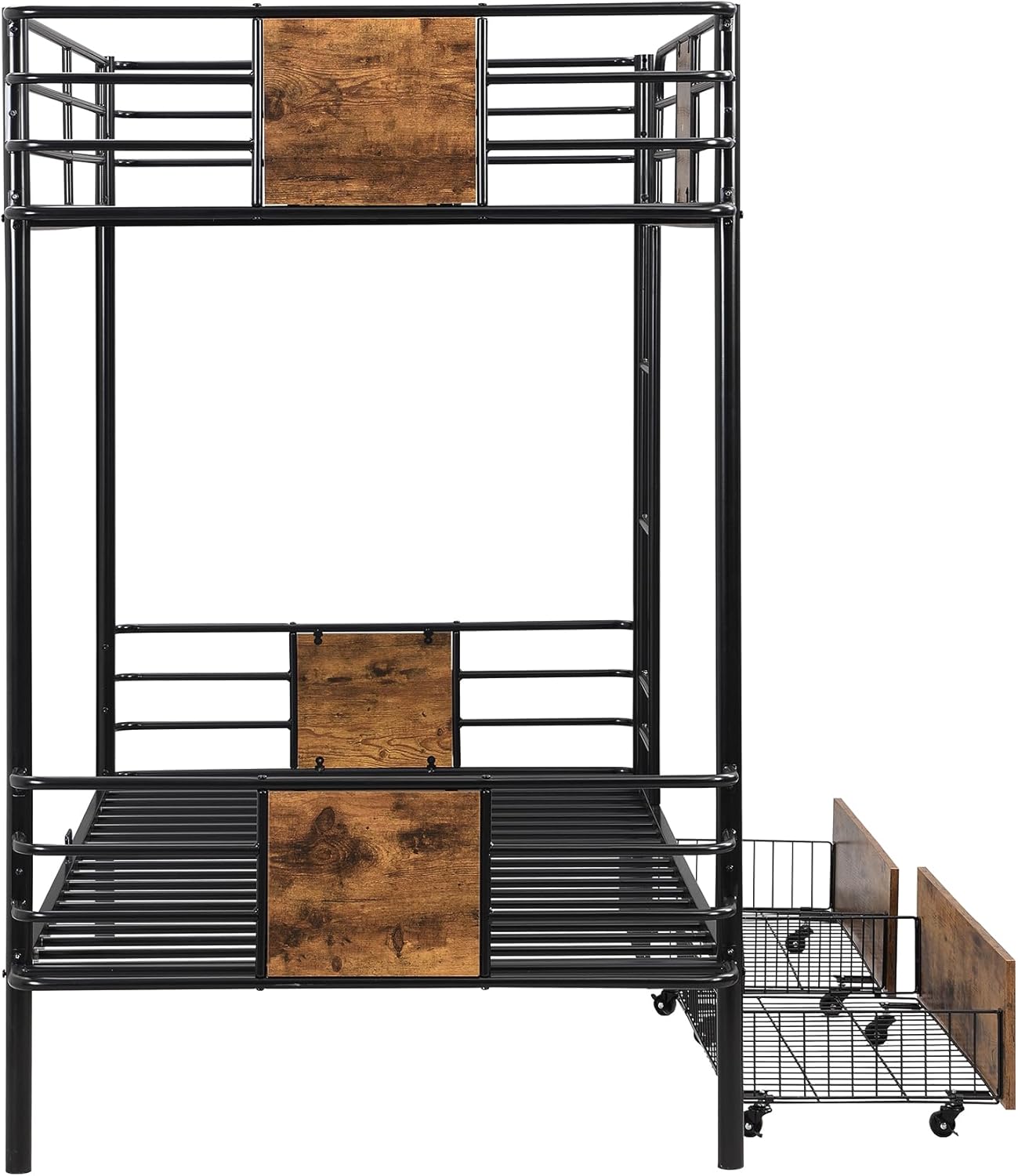 Twin XL Over Twin XL Metal Bunk Bed with MDF Board Guardrail,an Integrated Ladder,Full-Length Guardrails and Two Storage Drawers,Industrial Modern bunk-Bed,No Box Spring Needed,Black