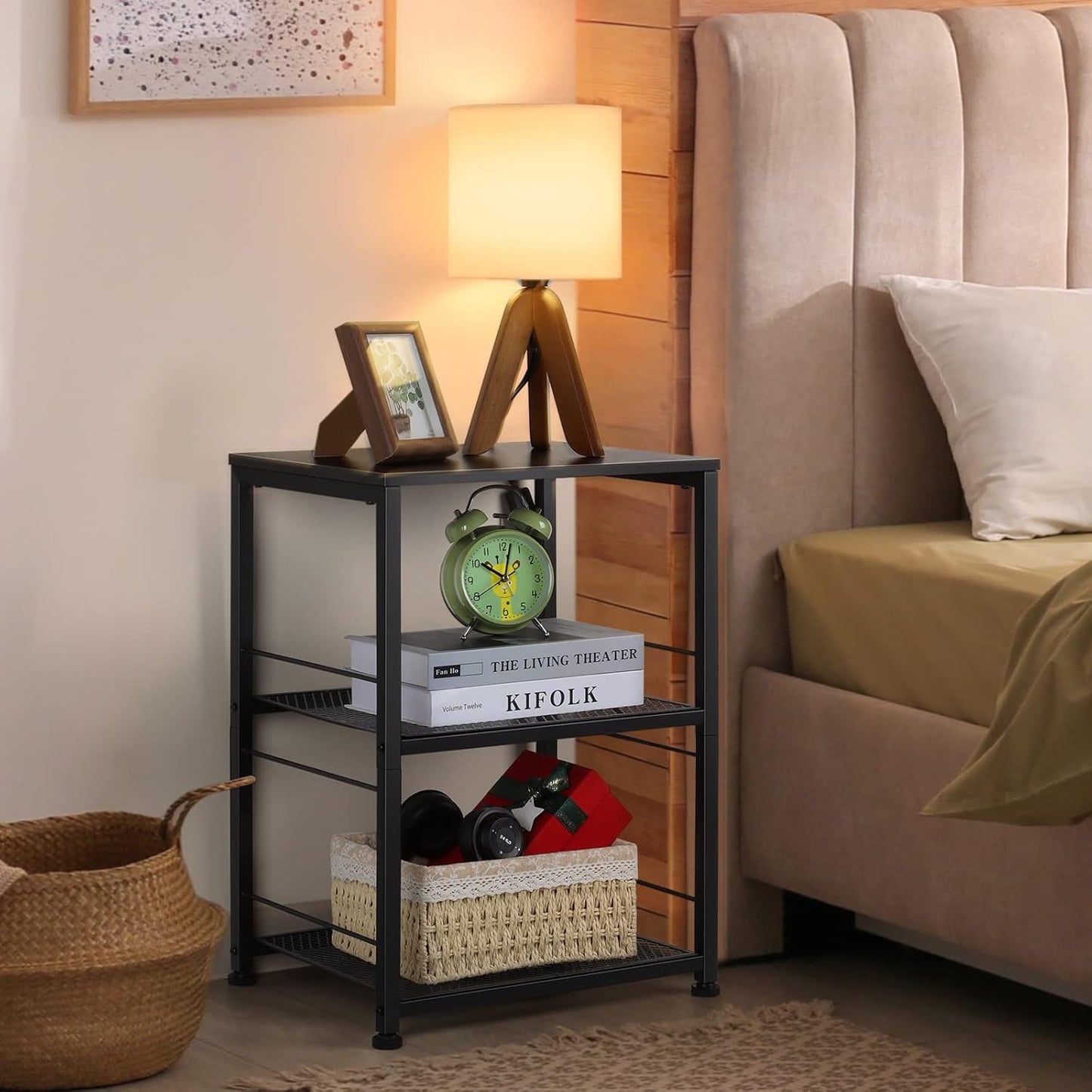 OYEAL Black Night Stand Industrial End Table with Storage Shelf Narrow Side Table for Small Spaces, Farmhouse Bedside Table for Living Room Bedroom, Stable Metal Frame (Black)