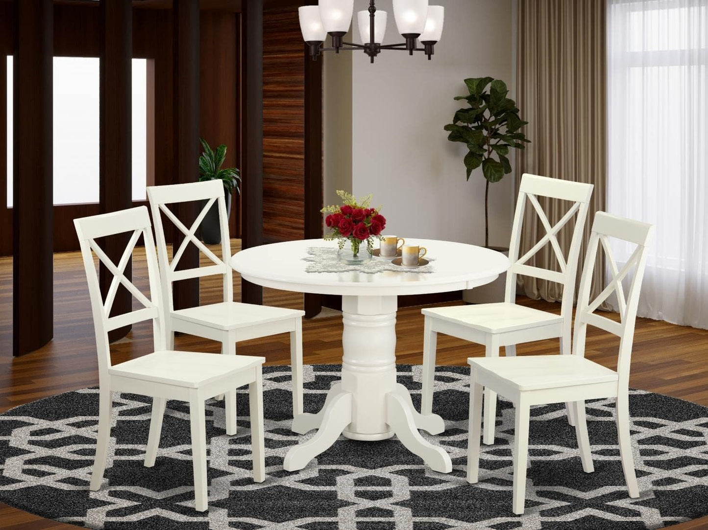 East West Furniture SHBO5-WHI-W 5 Piece Dining Room Table Set Includes a Round Wooden Table with Pedestal and 4 Kitchen Dining Chairs, 42x42 Inch, Linen White