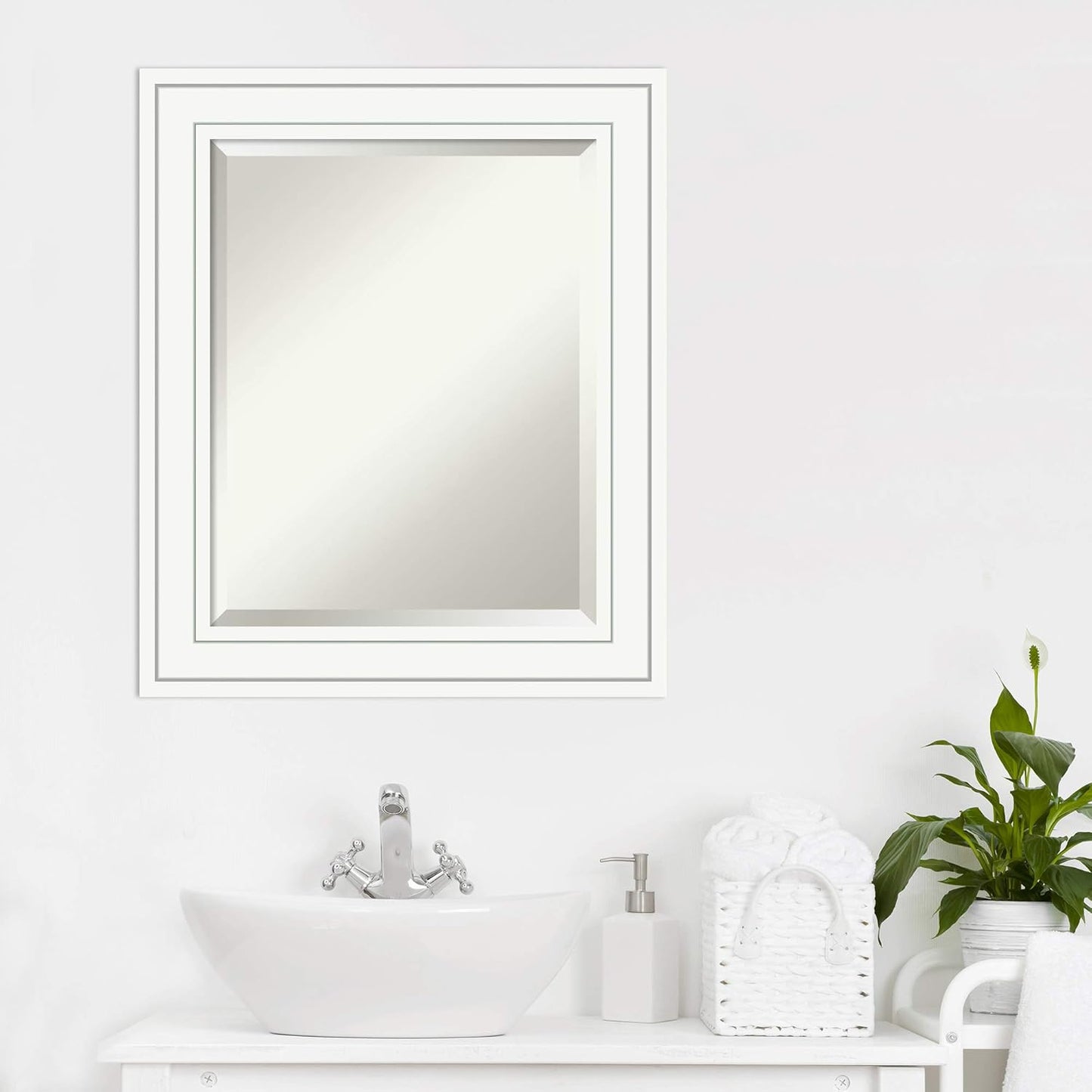 Amanti Art White Bathroom Mirror for Over Sink, 25x21 Craftsman White Rectangle Vanity Mirror, Small Casual Wood Frame, Hangs Horizonally and Vertically, Bathroom Wall Decor, Beveled Edge from WI, USA
