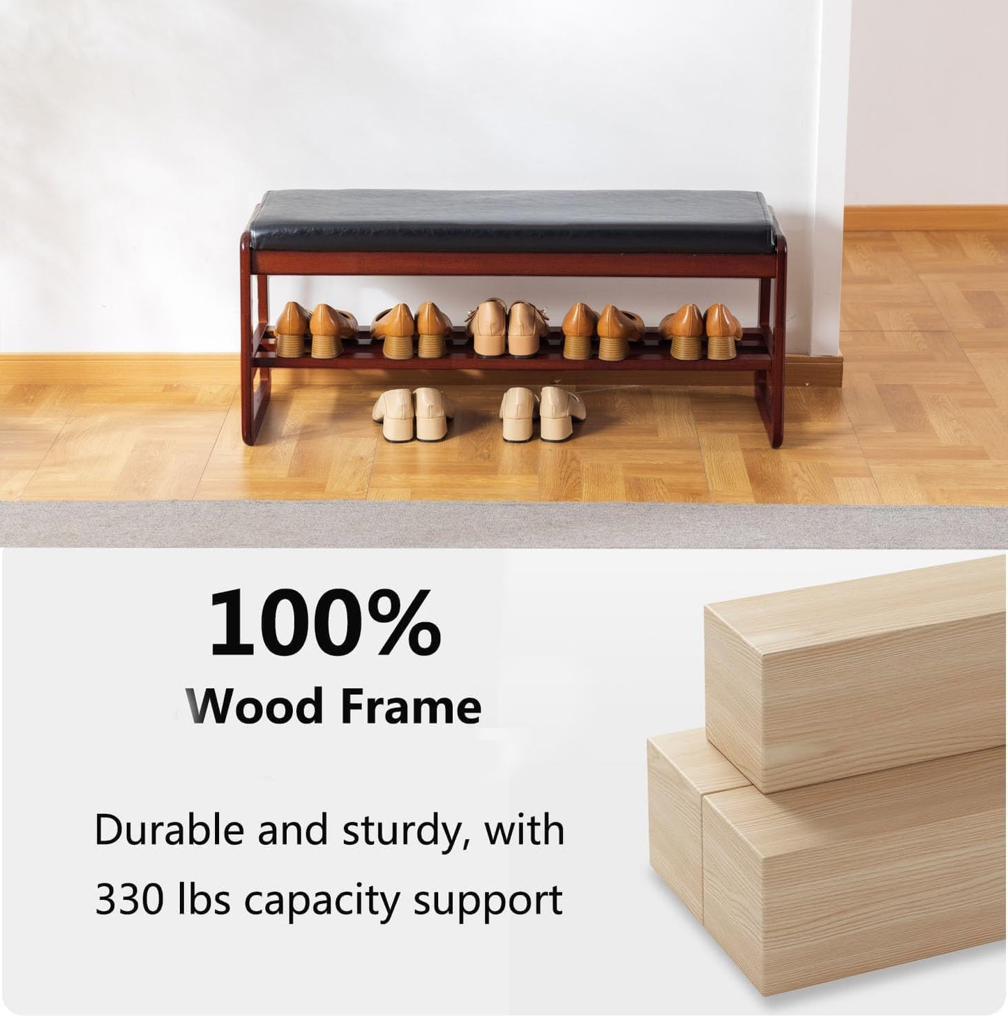 Solid Wood Shoe Bench, 2-Tier Wooden Entryway Bench, Modern Shoe Rack with Faux Leather Cushion for Hallway, Living Room (Black, 39.4'')