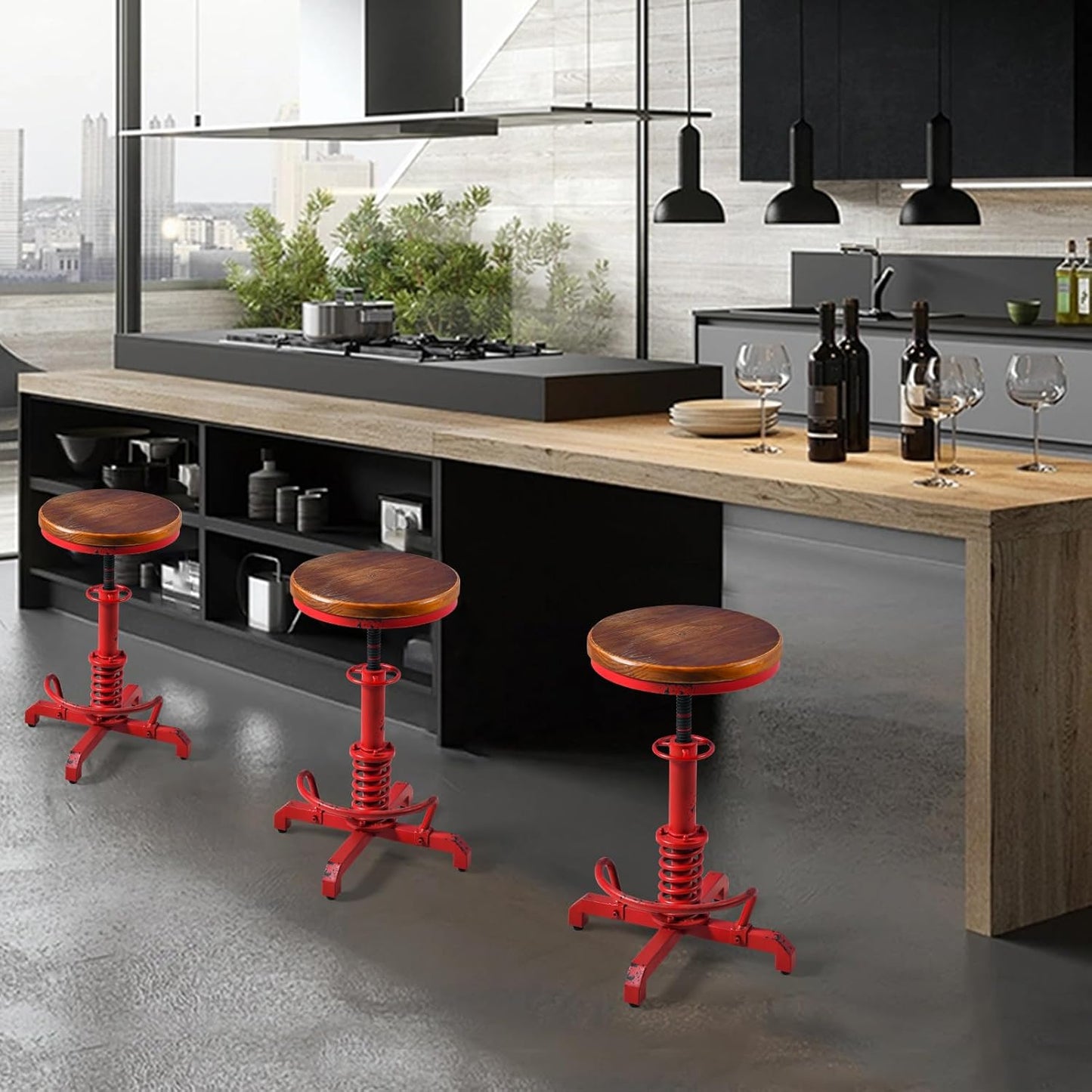 Topower Industrial Retro Vintage Farm Wooden Seat Tractor Stool Kitchen Swivel Height Adjustable bar Stool Antique Red