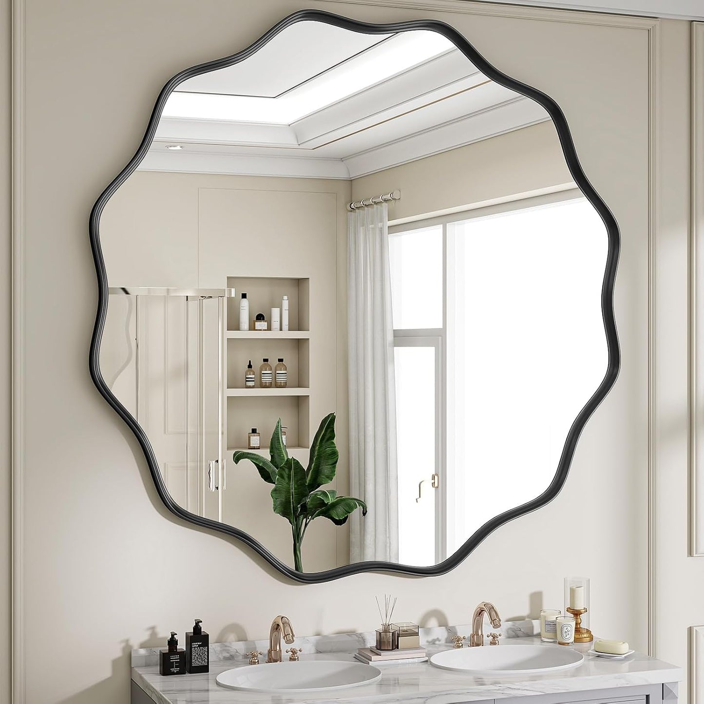 Round Wavy Mirror, 42 Inch Metal Frame Circle Mirror, Round Wall Mounted for Entryway, Bathroom, Vanity, Living Room, Black