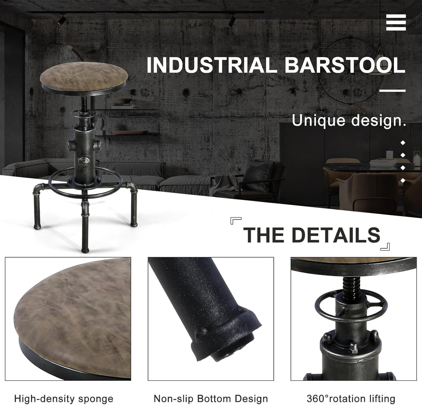 Topower Antique Vintage Industrial Barstool PU Leather Water Pipe Fire Hydrant Design Cafe Coffee Industrial Bar Stool Set of 2 Silver