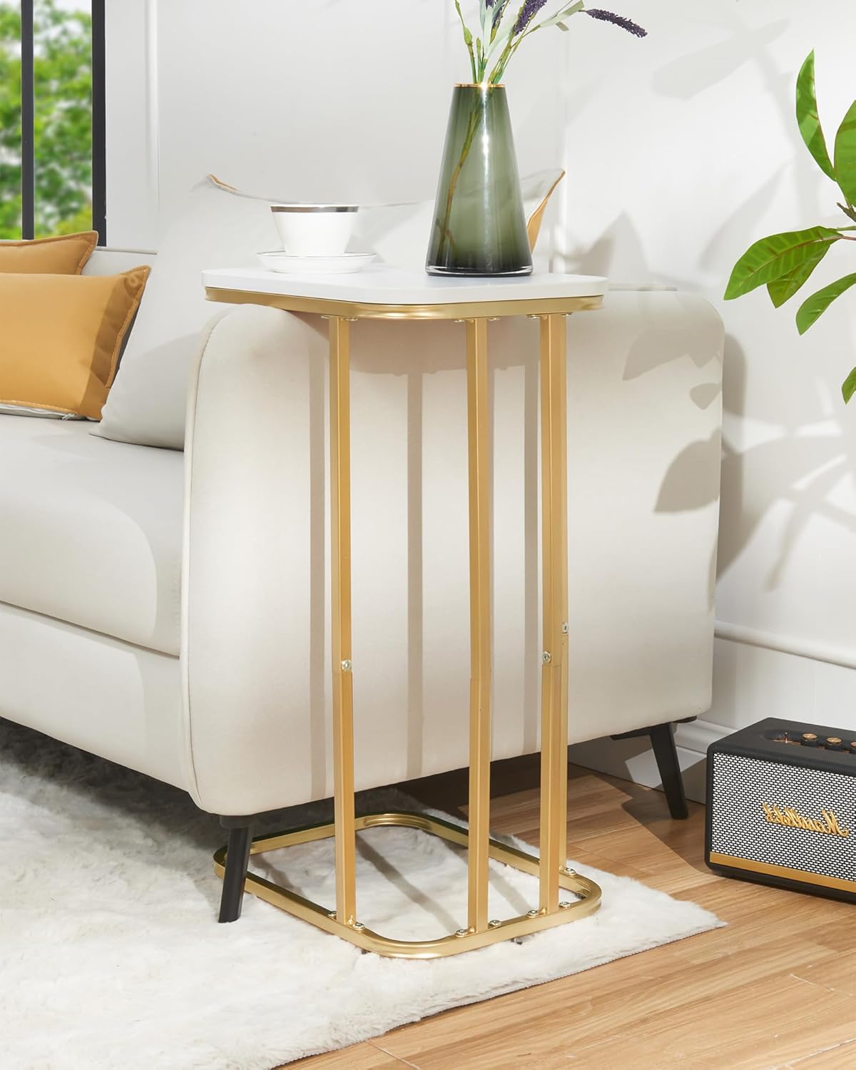 C Shaped End Table, 27 inches High Side Table for Couch Sofa Bed, Small Tv Tray, for Living Room, Bedroom, Metal Frame, Gold & White