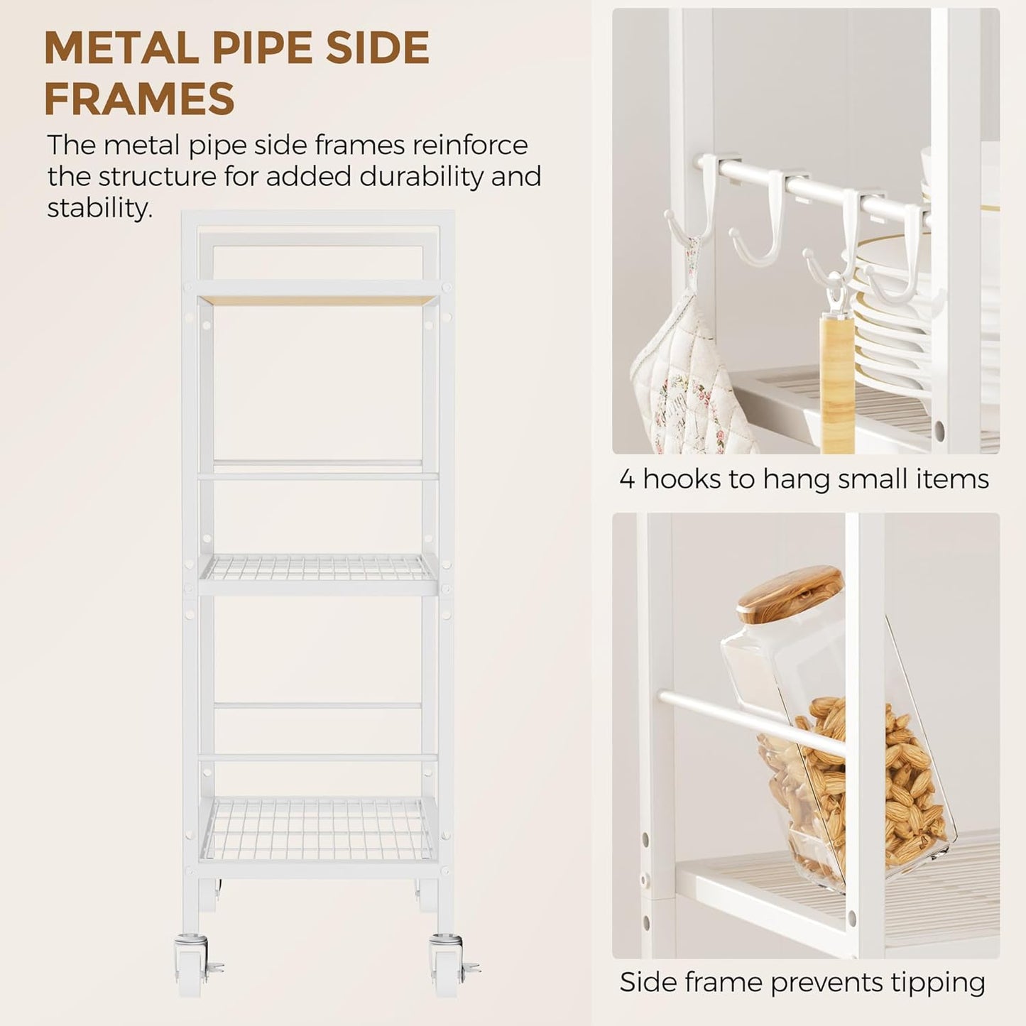 3-Tier Metal Storage Rack with Industrial Wheels,Mesh Shelving Unit with Wooden Table top,Adjustable Shelf,23.6-Inch Width,for Kitchen,Laundry,Pantry,Plant,Oak panel and white frame