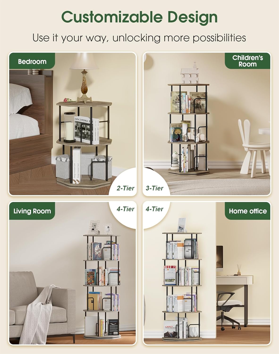 4 Tier Rotating Bookshelf, 360 Display Round Spinning Bookshelf Tower for Kids Room, Corner Shelf for Living Room, Office, Bedroom, Black