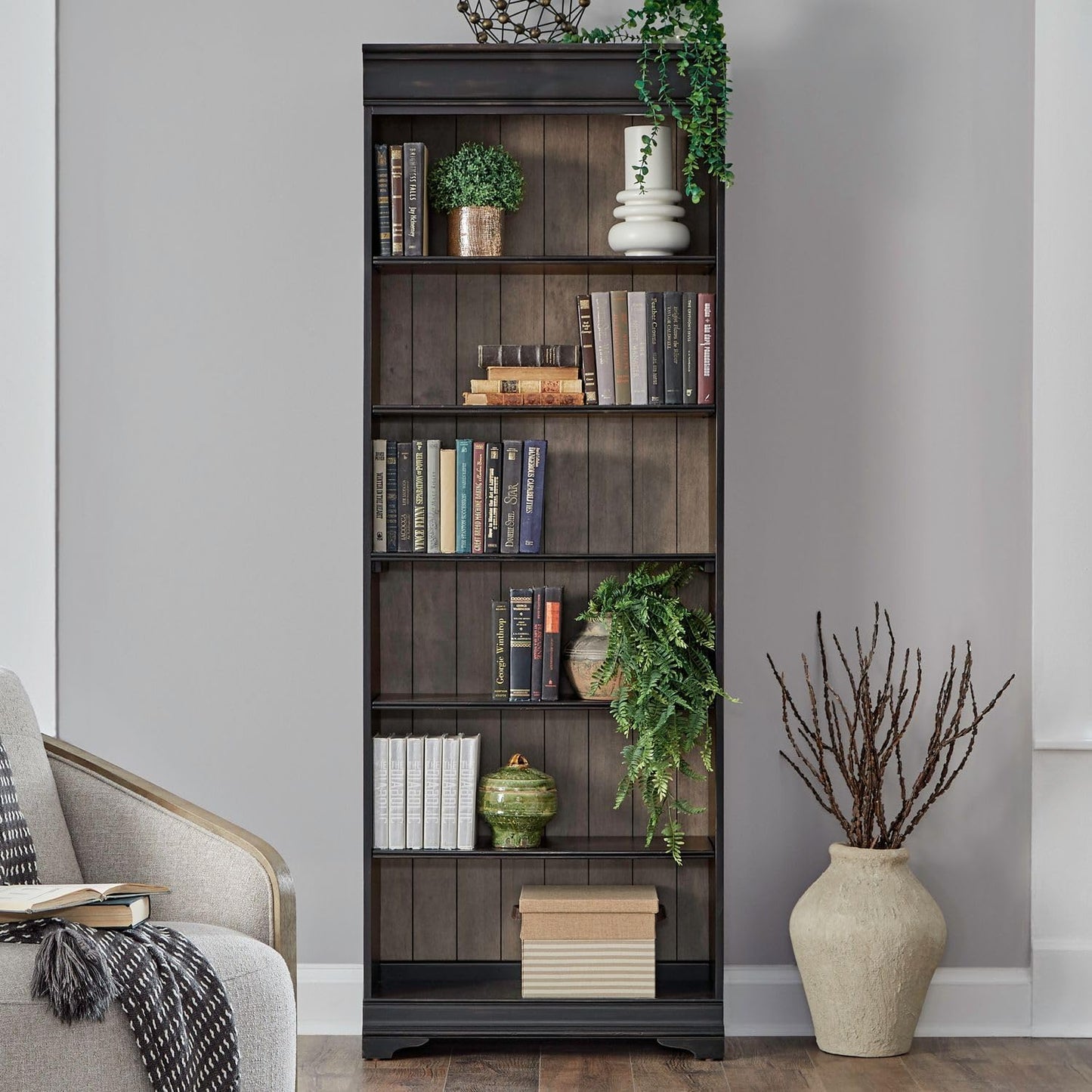 Liberty Furniture Meritage Stepped Bookcase Wall - 4 Piece Set for Home Office - Aged Charcoal w/Rub Thru & Caramel