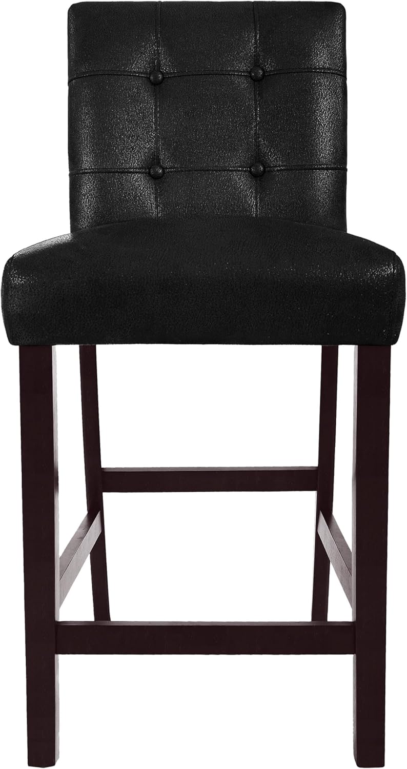 HomePop 24" Upholstered Button Tufted Leatherette Counter Height Barstool Chairs, Matt Black Faux Leather (Set of 2)