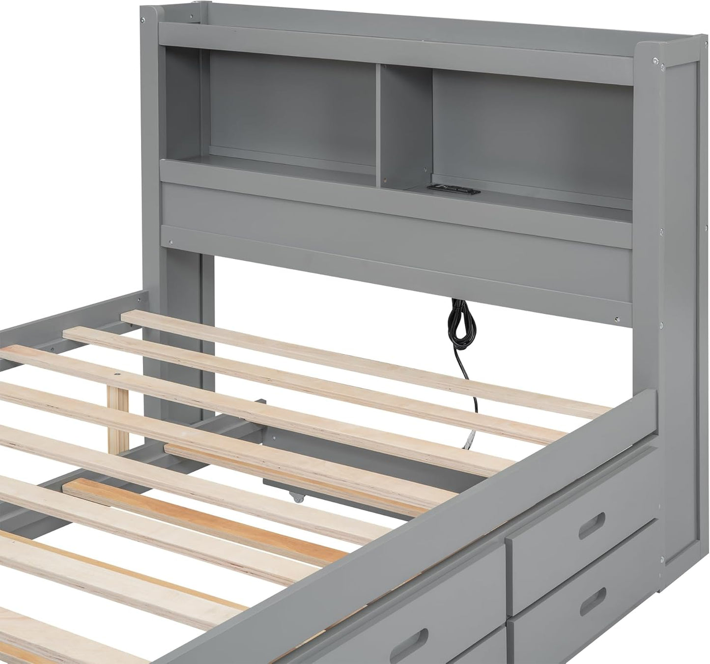 Full Size Pine Wood Platform Bed with Trundle,Drawers,2 Ports and 2 USB Plugs,Storage Bed with Pull Out Shelves,No Box Spring Needed,Perfect for Adults,Teens Bedroom Furniture,Gray