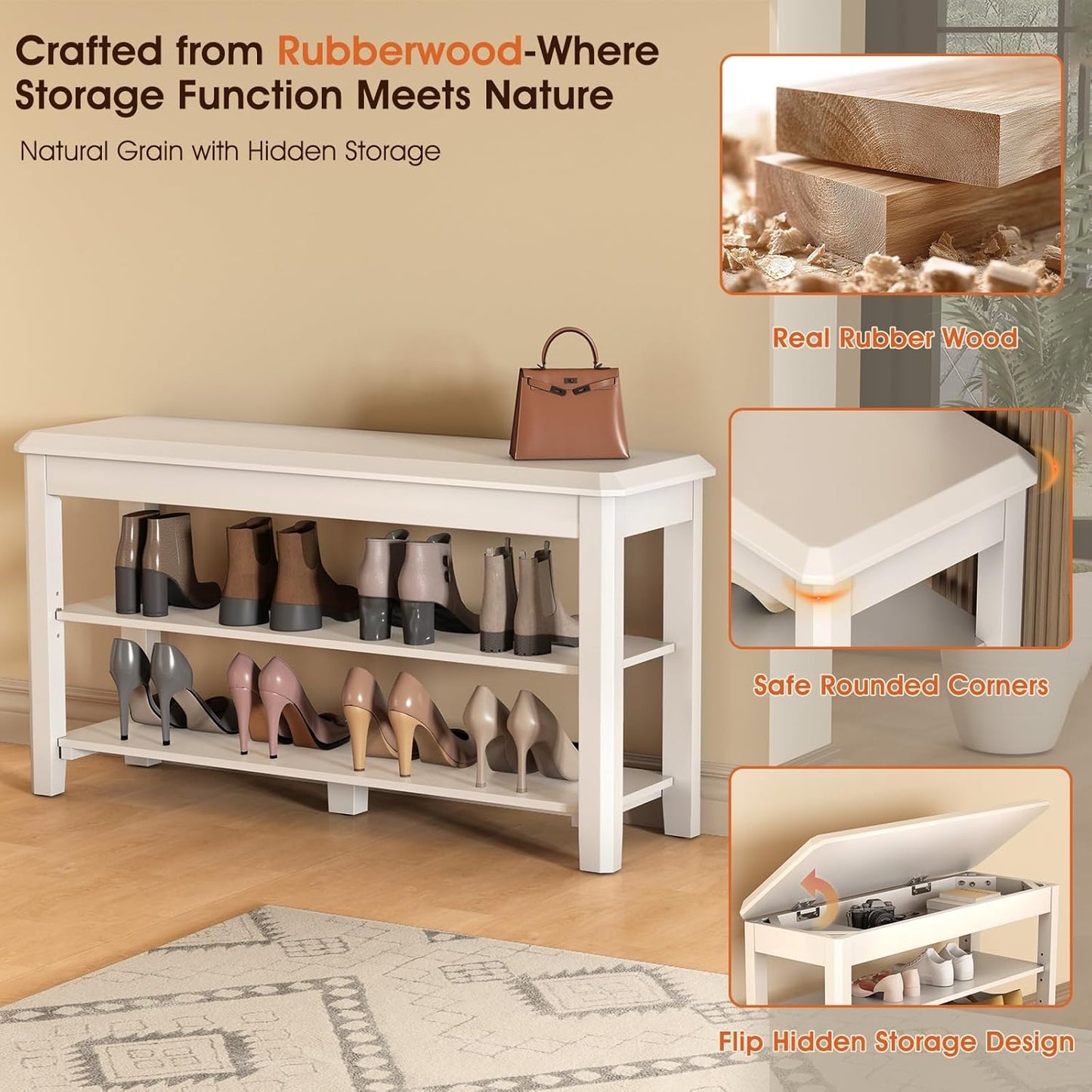 Shoe Rack Bench Seat Rubberwood 2-Tier Wooden Storage Bench 550lbs Compact Mid-Century Modern Design for Entryway, Hallway, Closet, Front Door Entrance, Foyer