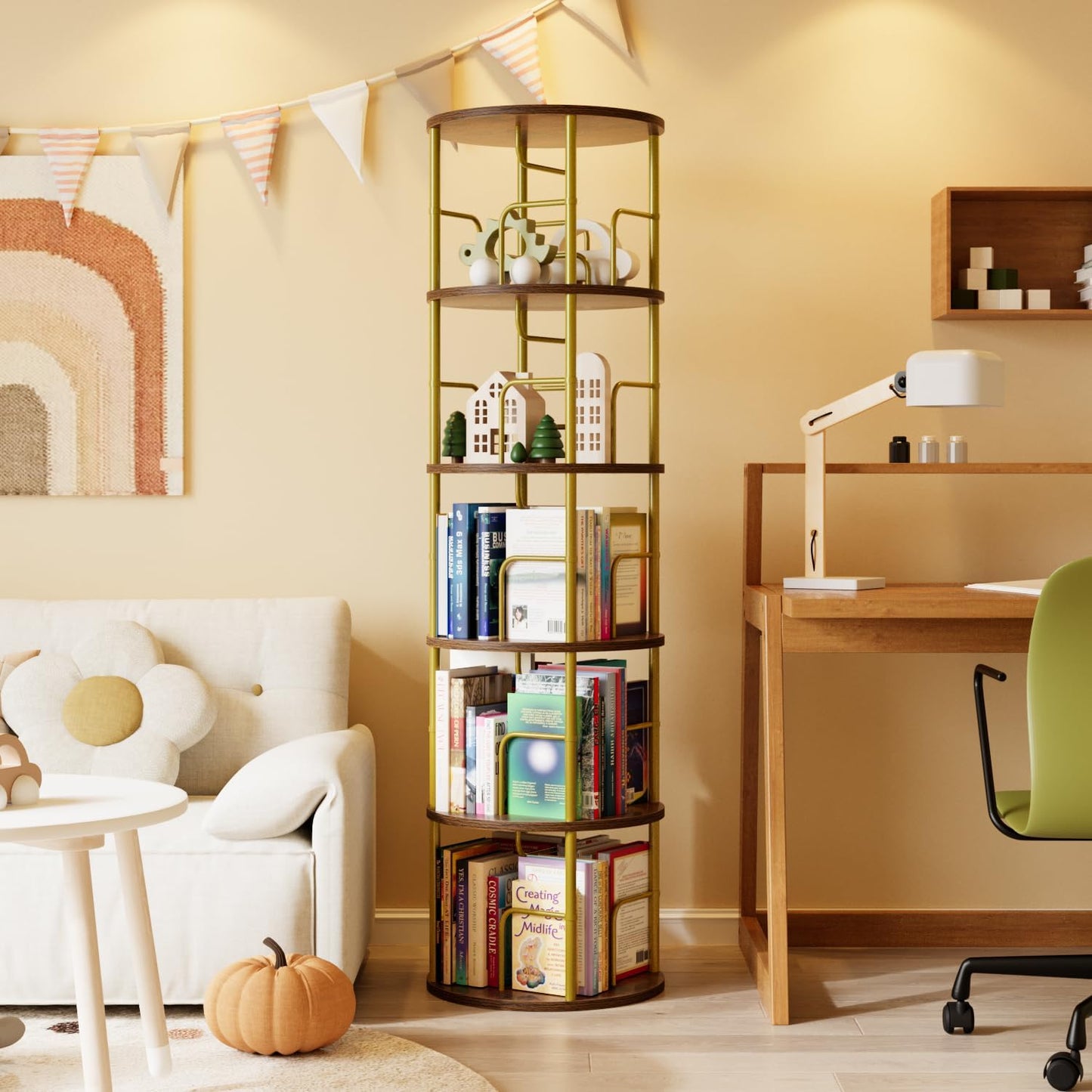 5 Tier Rotating Bookshelf, 360 Display Spinning Corner Bookshelf, Space-Saving Metal Frame Bookcase for Living Room, Office, Bedroom, Gold