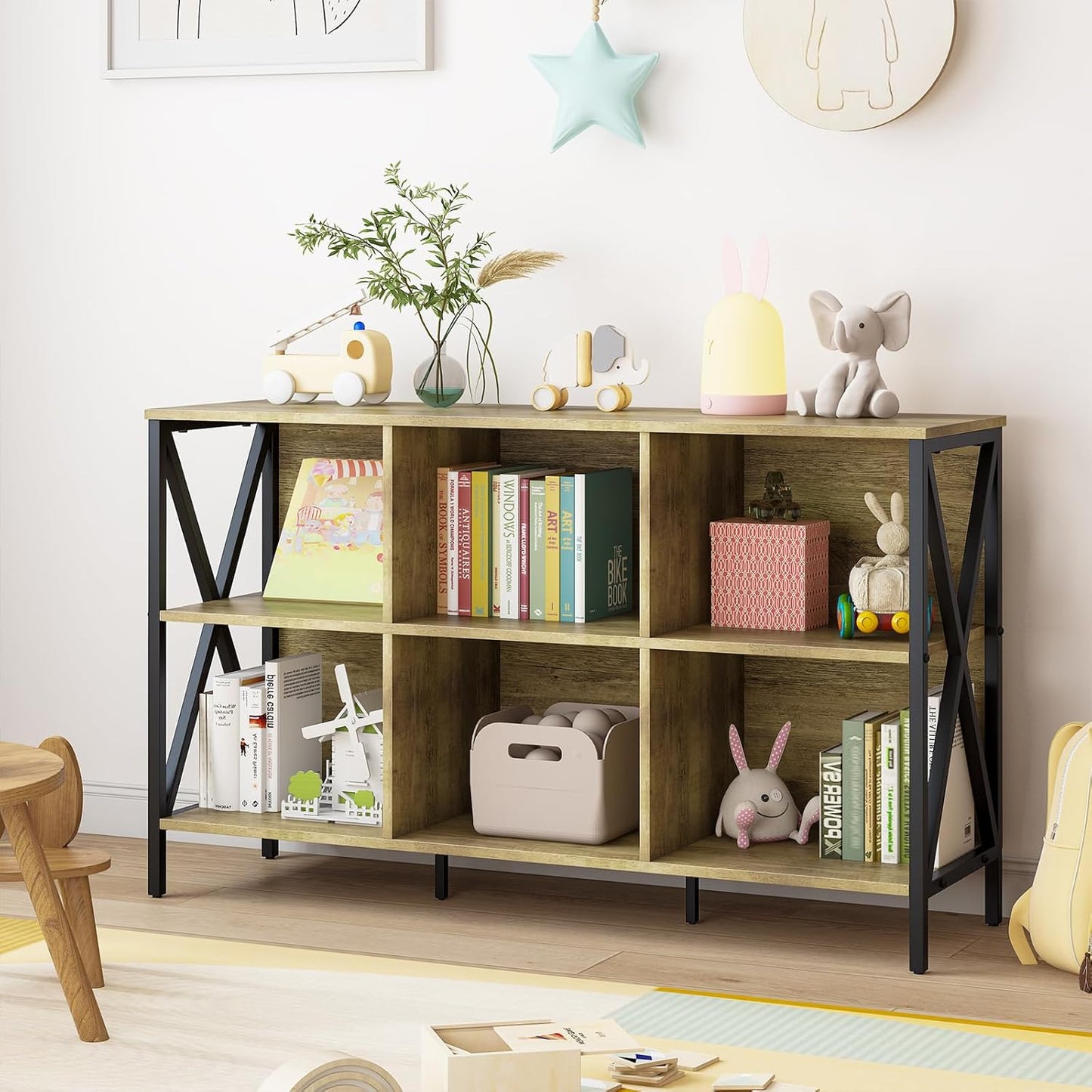 Horizontal Bookshelf Bookcase,6 Cube Storage Organizer with Open Shelf,47 Inch Industrial Low Wide Wood and Metal Cubby shelf,Long shelving unit for Home Office Living Room(Rustic Oak,6 Cube)